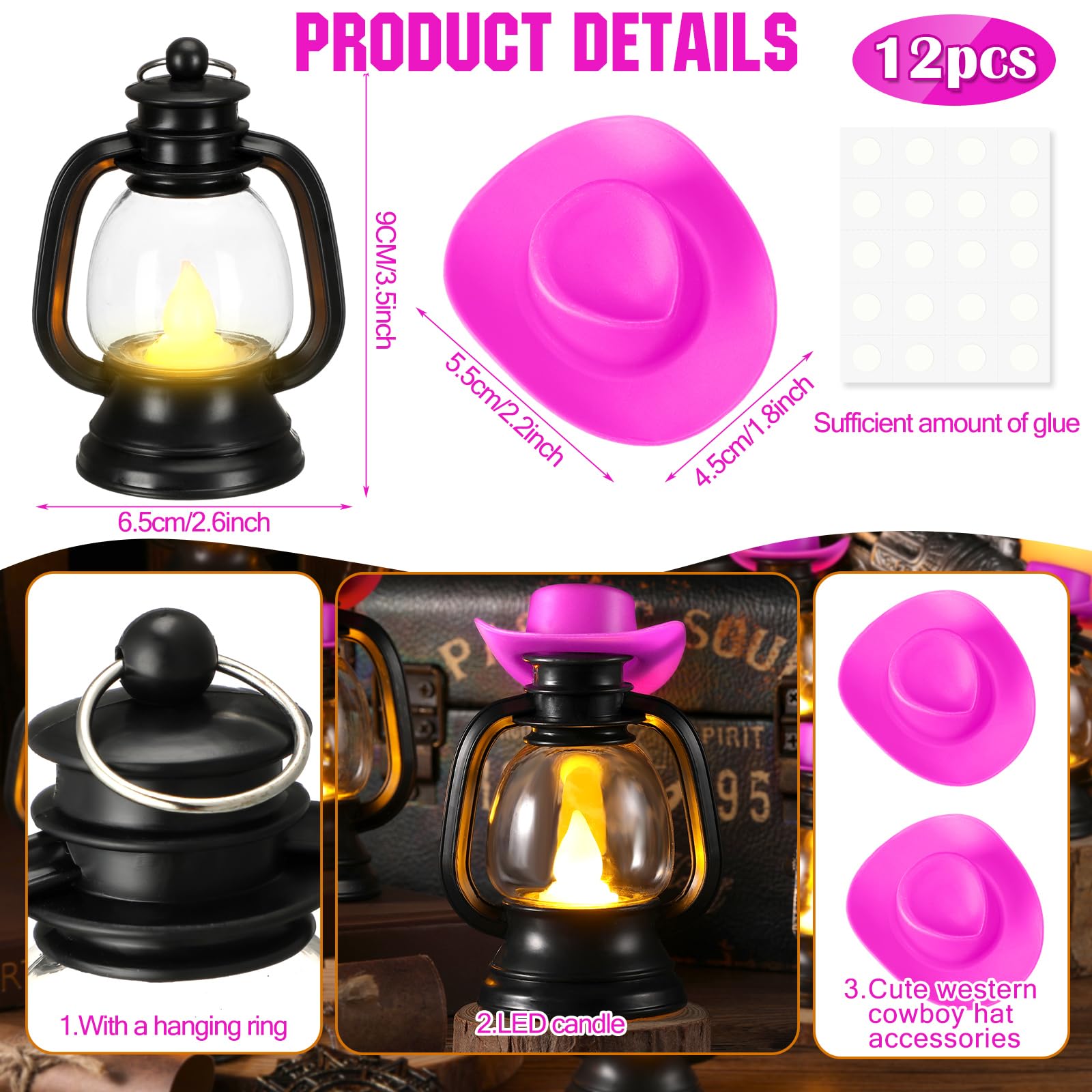 ROCEEI 12 Pieces Cowboy Hats Mini Lantern Western Cowgirl Small Lantern Decoration Retro Tiny Lamp with LED Candle Hanging Table