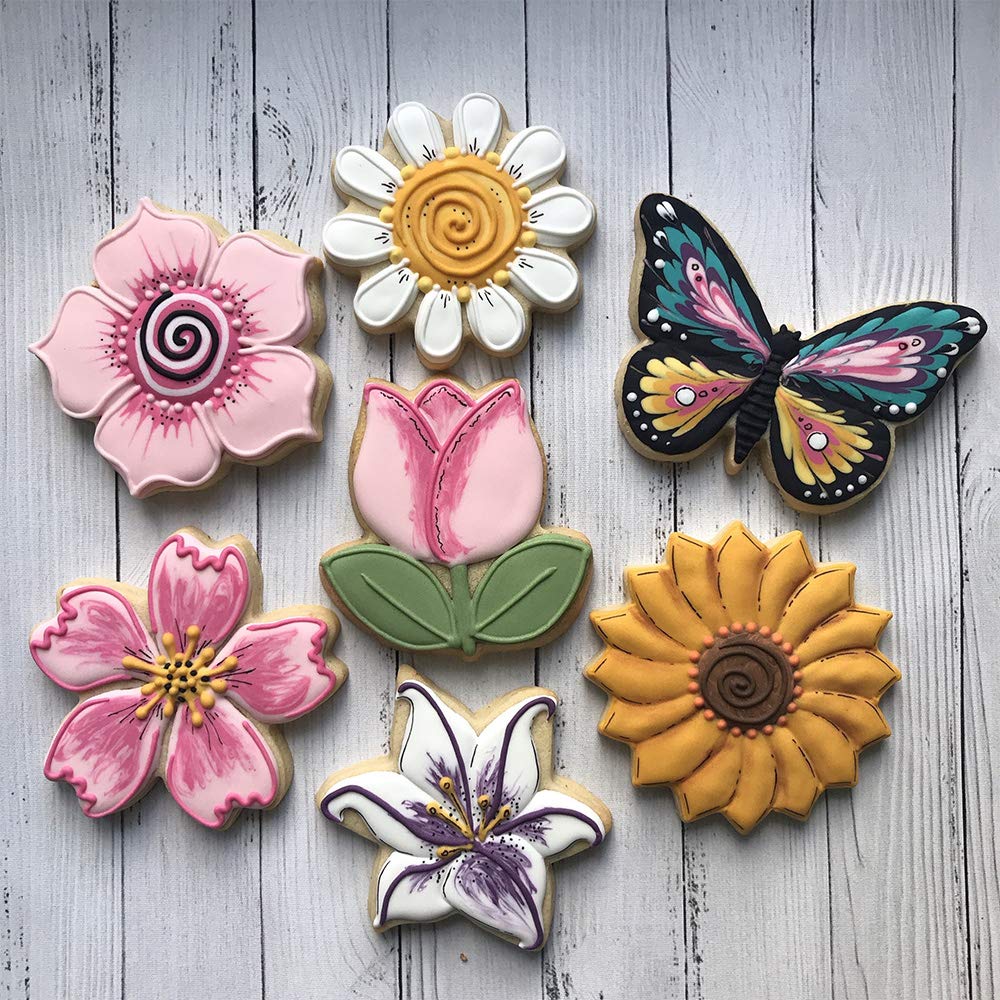 Liliao Flowers Cookie Cutter Set - 7 Piece - Lily, Daisy, Sunflower, Cherry Blossoms, Tulip, Kapok Flowers And Butterfly Biscuit