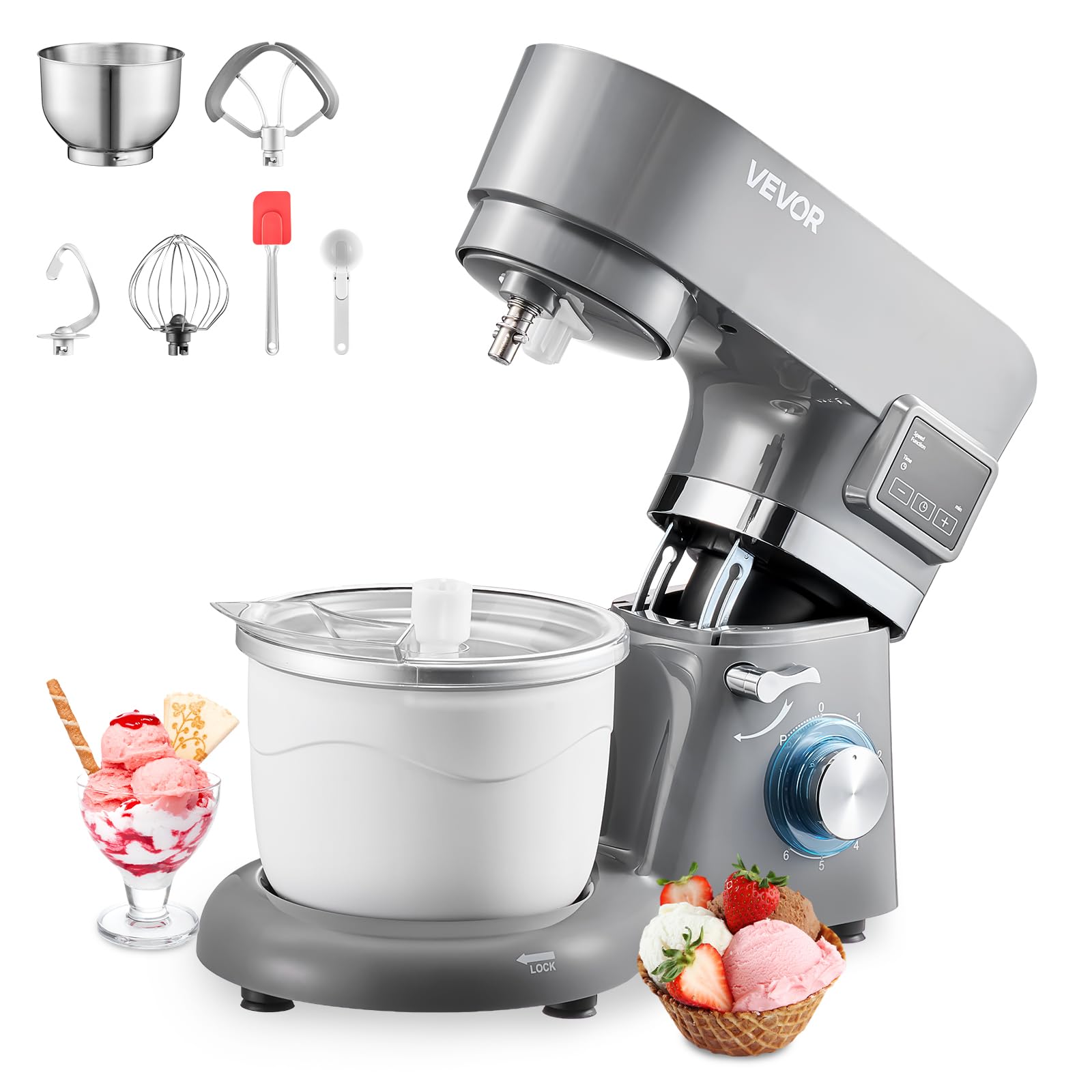 VEVOR Ice Cream Maker, 1.8 Qt. Capacity, 6-Speed Electric Stand Mixer, with LED Digital Display & Timer, Mixing Paddle, Dough Ho