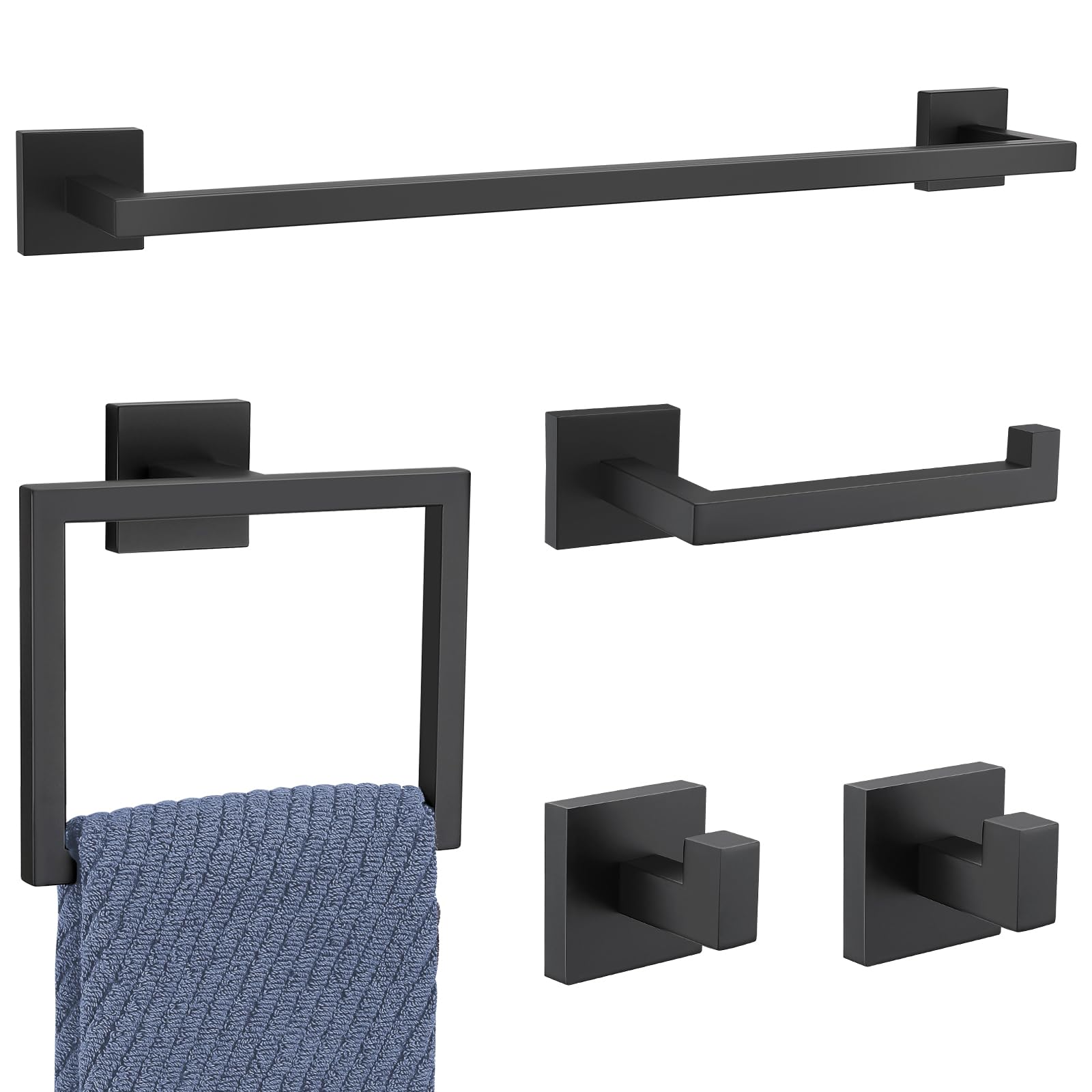 Tnoms 5 Pieces Matte Black Towel Bar Set,Bathroom Hardware Set Towel Racks Set For Bathroom Sus304 Stainless Steel Bathroom Acce