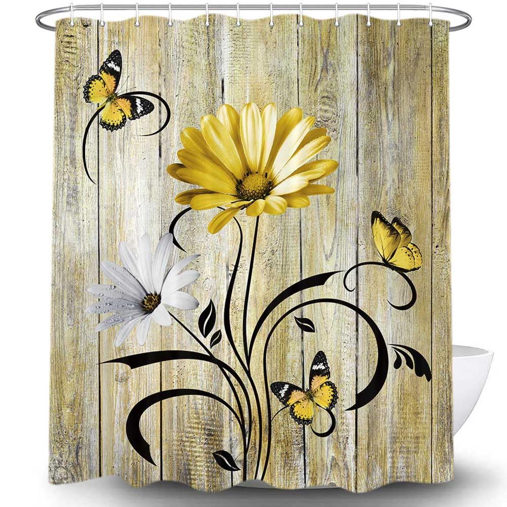 Rustic Farmhouse Floral Shower Curtain, Farm Boho Yellow Daisy Spring Flowers And Butterfly On Country Wooden Shower Curtain For