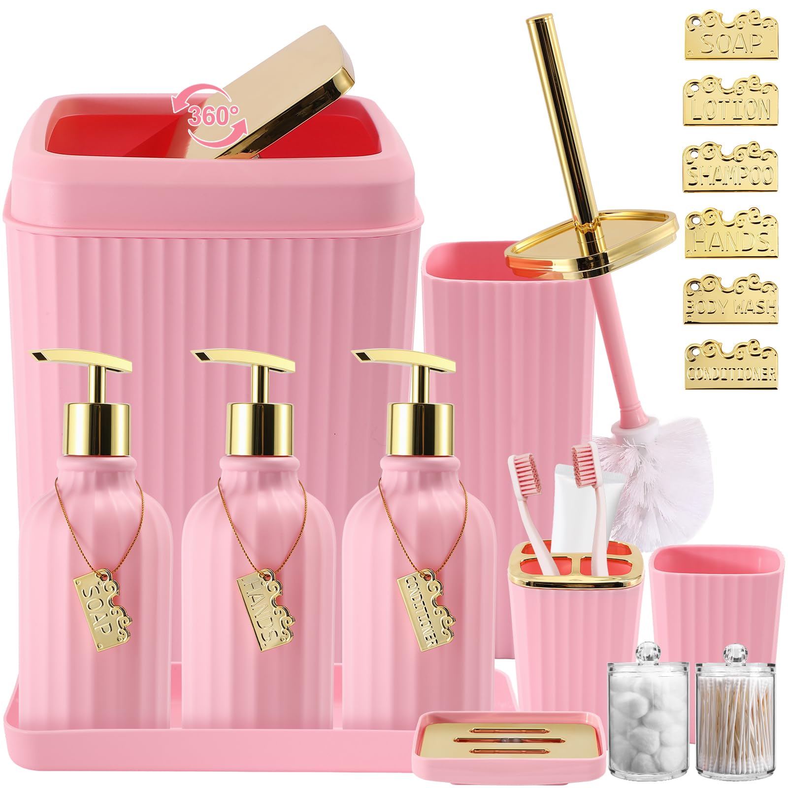 WSBArt 17PCS Bathroom Accessory Set Pink Bathroom Set Bathroom Accessories,Toilet Brush, Trash Can, Qtip Holder Dispenser& 3PCS 