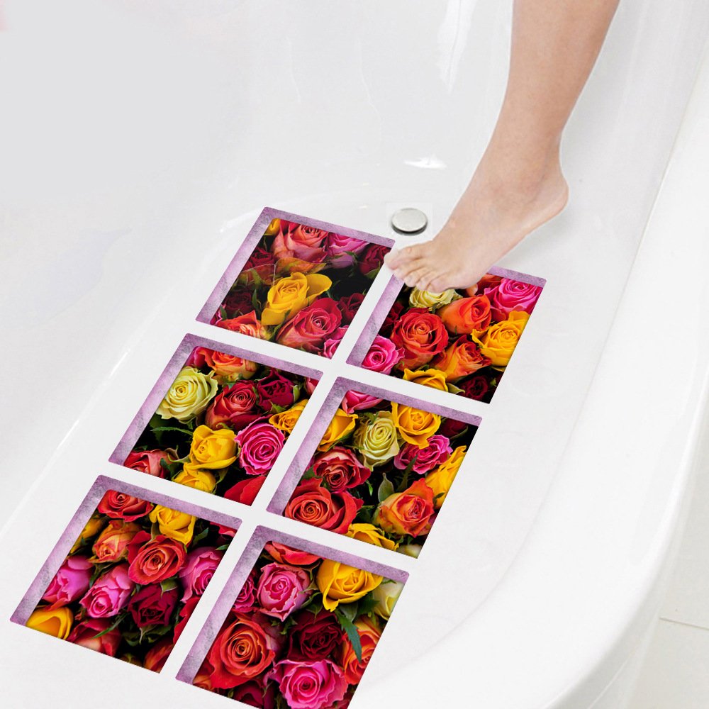 ChezMax Bath Treads Stickers Flower Pattern Square 3D Adhesive Anti Slip Tub Tattoos Safety Decals Mat Waterproof Shower Tub Sticker Bathtub Appliques for Bath Pools Home Decor 6 Pcs 5.9'' X 5.9''