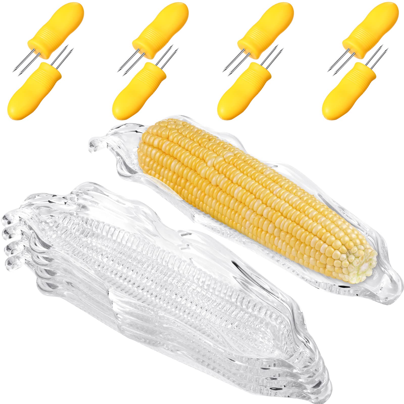 12 Pieces Corn Cob Holders And Dish Set Transparent Dish Stainless Steel Skewer Needle Bbq Tool And Plastic Corn Tray
