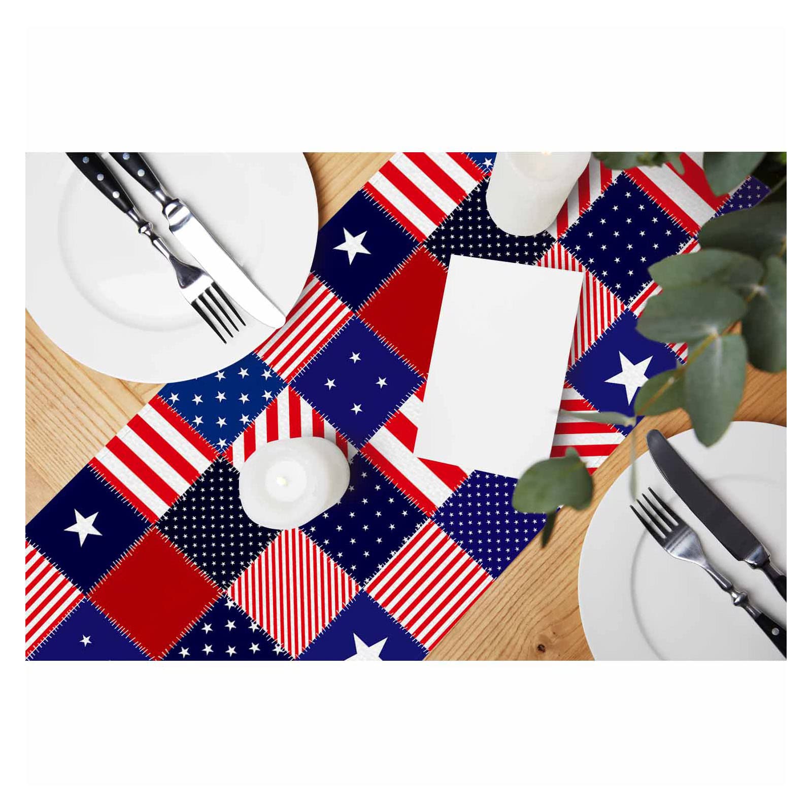 Hosnye Table Runner American Flag Patchwork Pattern,Cotton Linen Table Runner Decoration For Kitchen Family Dinner Table Holiday