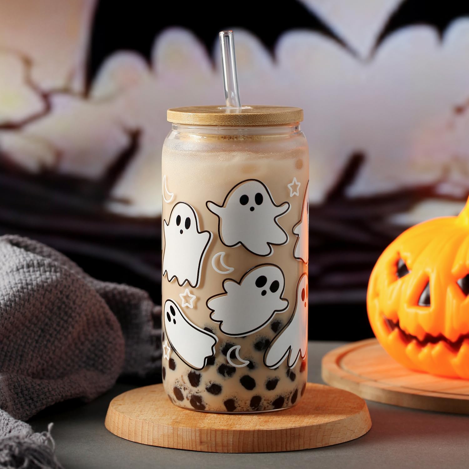 KMCCUMBER Halloween Ghost Fall Glass Cup with Lids and Straws, 16 oz Ghost Fall Mug, Iced Coffee Glass Tumbler, Spooky Glass Cup