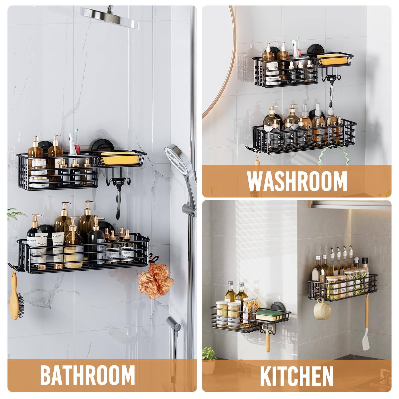 Leverloc Shower Caddy Suction Cup, 2 Pack Shower Shelves For Inside Shower With Hooks & Soap Holder, No-Drilling Bathroom Shower