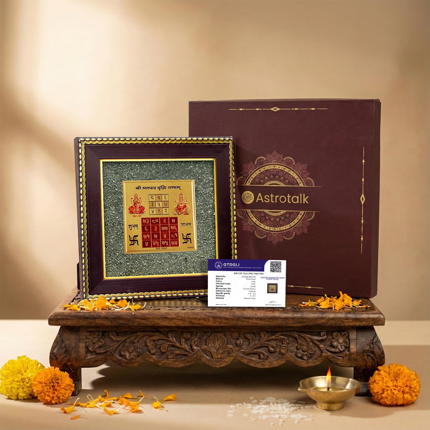 Astrotalk Vyapar Vriddhi Yantra on Raw Pyrite Frame | Pyrite Attracts Money, Yantra Boosts Growth | Increases Sales, Profits & Removes Obstacles | Vastu Items for Home & Office | 19x19x1 cm | 1 Piece