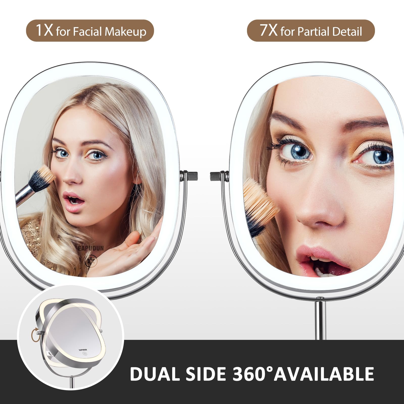 EAPUDUN Lighted Makeup Mirror 9  - 2-Sided Tabletop Vanity Mirror with 7X Magnification, 3 Color Lighting Modes, Rechargeable, 3