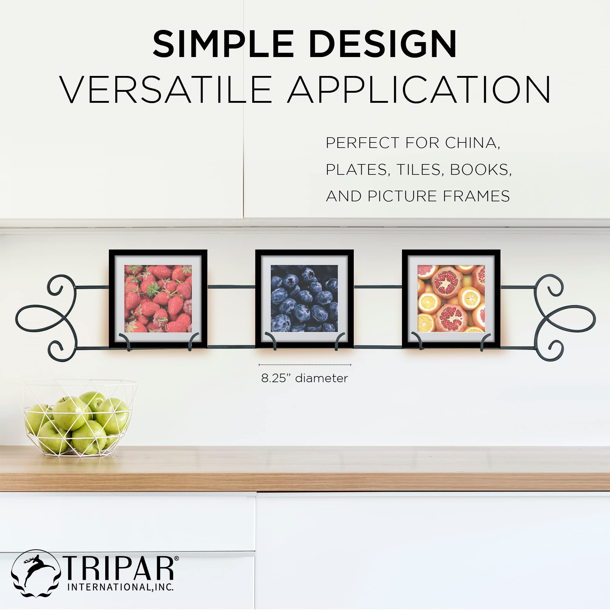 Tripar Horizontal Plate Rack, Black Display (3 Place) - Durable & Sturdy Metal Finish With Scroll Designs - Beautifully Showcase