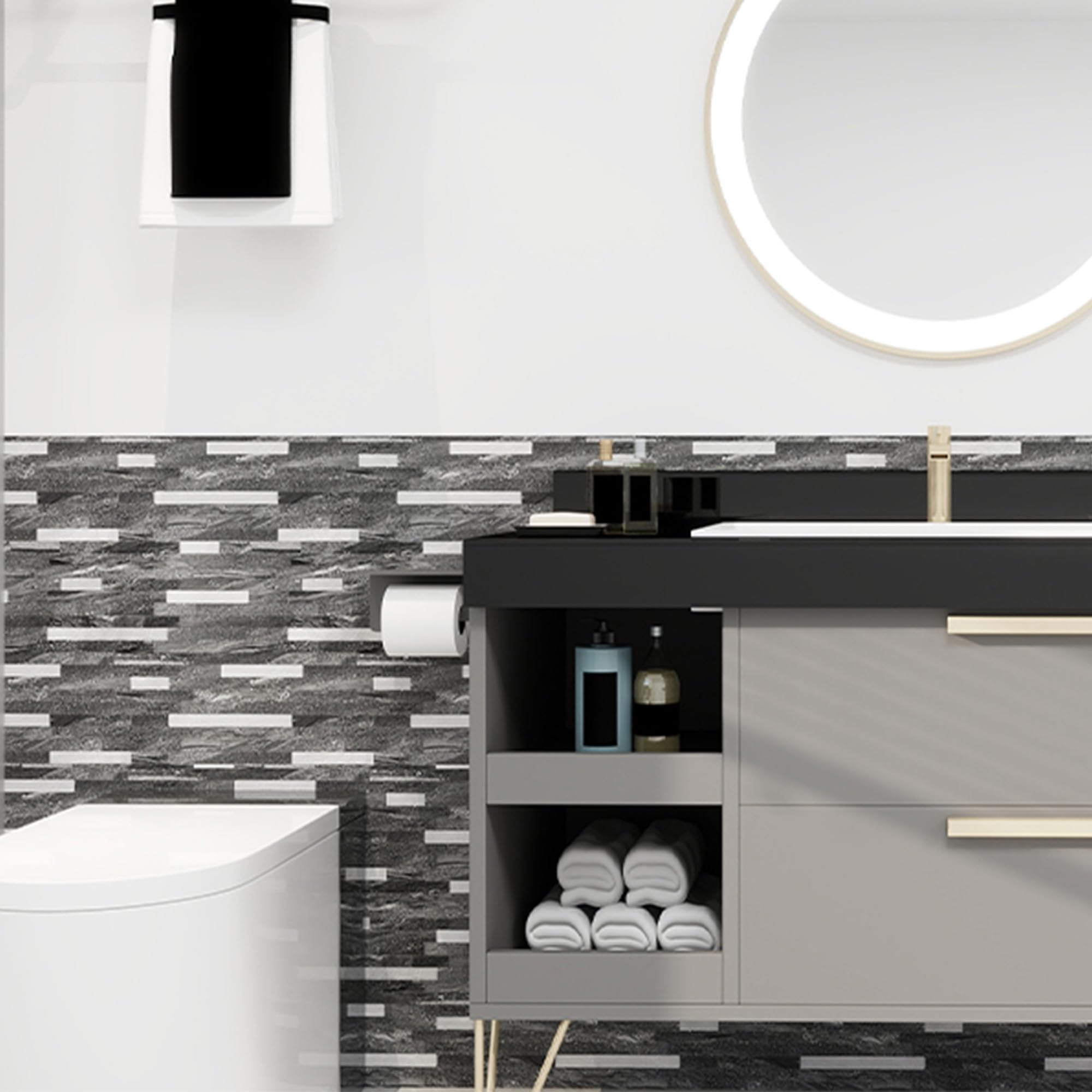 Kasaro 10-Sheet Peel And Stick Backsplash Tiles For Kitchen, Marble Black With Vintage Silver Embellished Stripes, Self-Adhesive