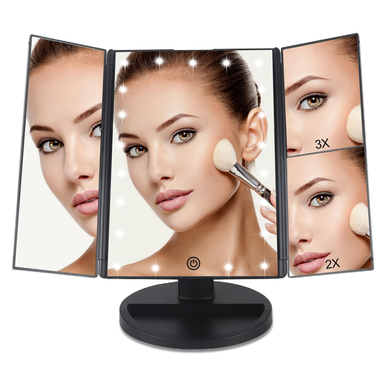 Tru2U Vanity Makeup Mirror With Lights And Magnification, 3 Way Mirror, Trifold Portable Mirror, 1X 2X 3X Magnification, Two Pow