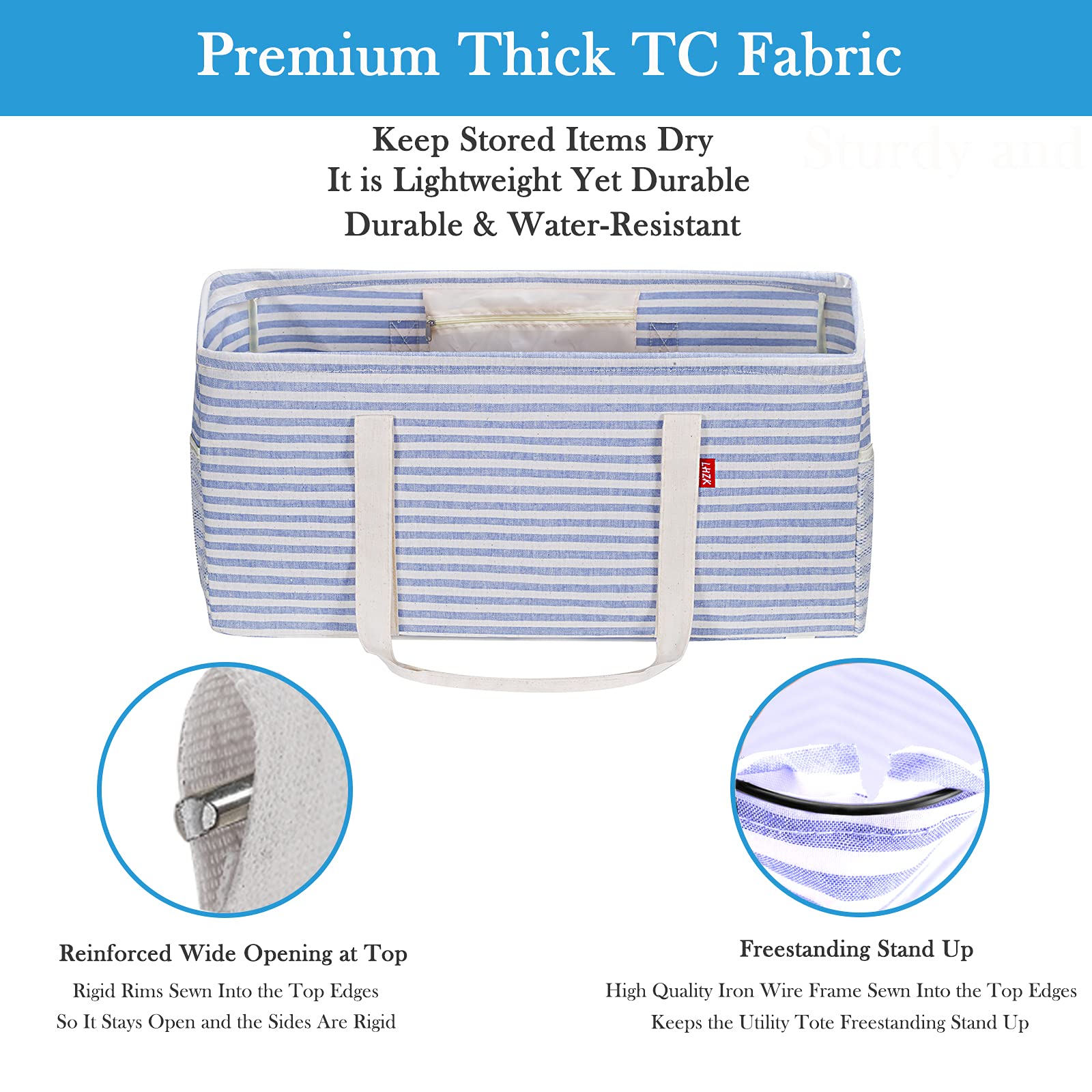 Lhzk Standing Extra Large Utility Tote Bag With Metal Wire Frame And The Sides Rinforced, Large Collapsible Tote (Blue)