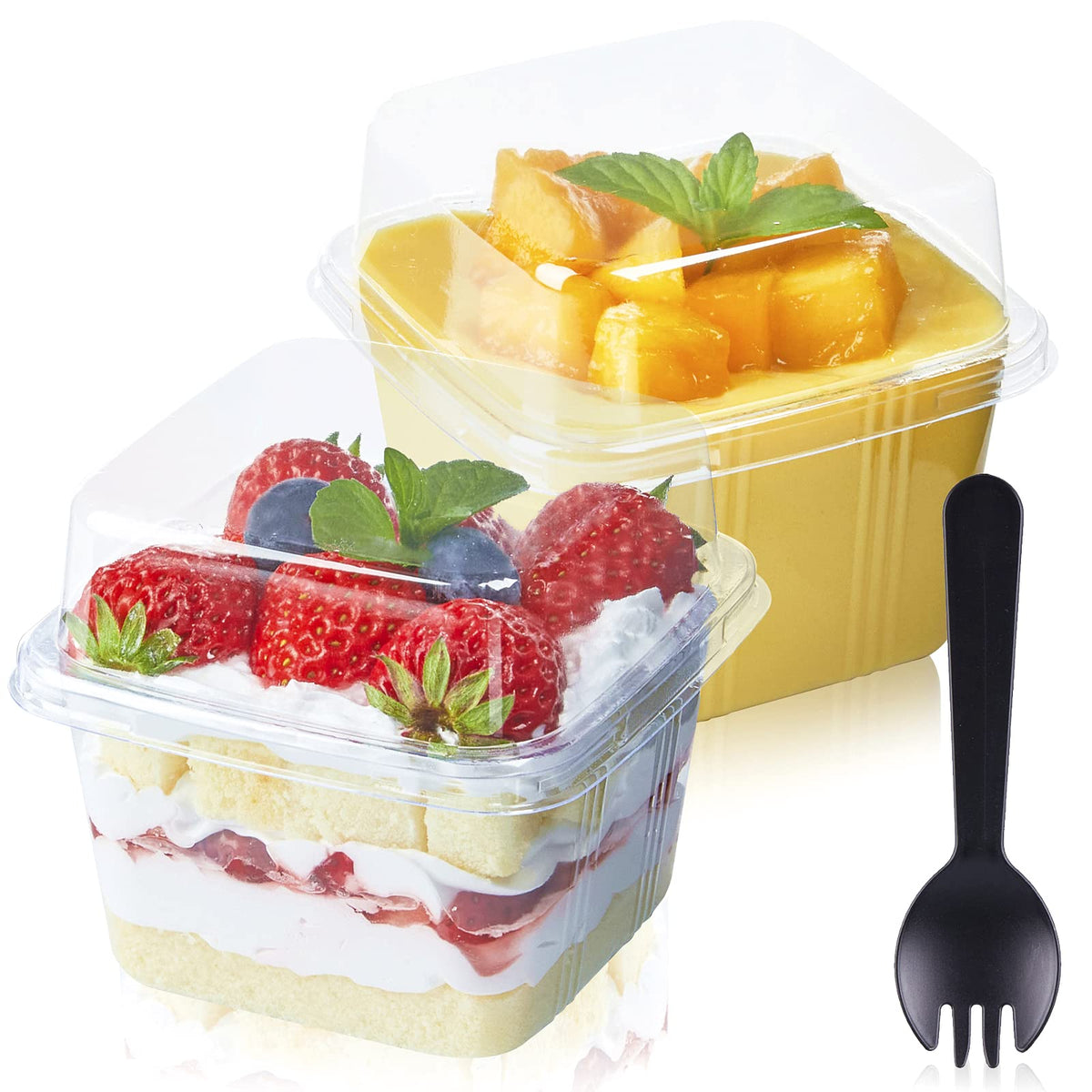 Toflen 50 Count 8 Oz Clear Plastic Square Dessert Cups With Lids And 50 Sporks - Plastic Parfait Cups For Mousse Pudding Overnig