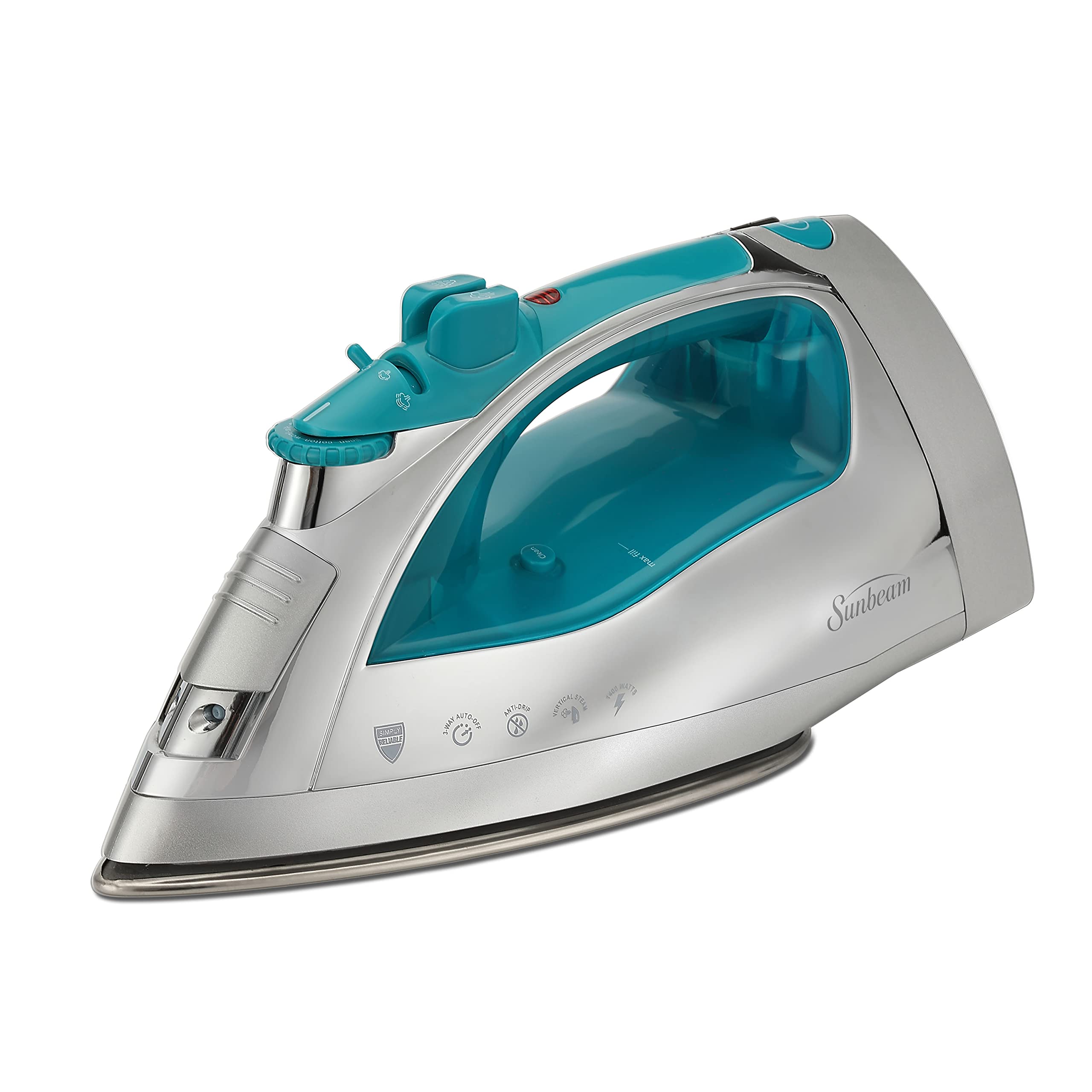 Sunbeam Steammaster 1400 Watt Iron With 8' Retractable Cord, Large Anti-Drip Nonstick Stainless Steel Soleplate, Horizontal Or V