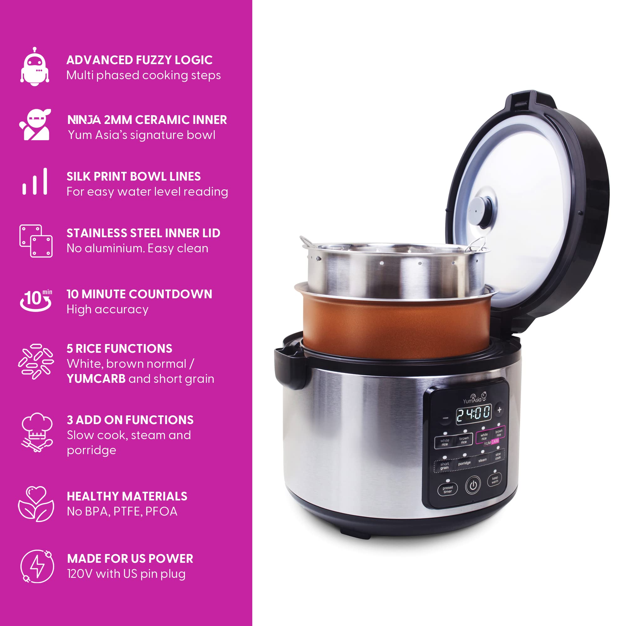 Yum Asia Kumo Rice Cooker, 5.5 Cups, Light Stainless Steel, Advanced Fuzzy Logic, Model YUM-EY10LUS, 5 Cooking Functions