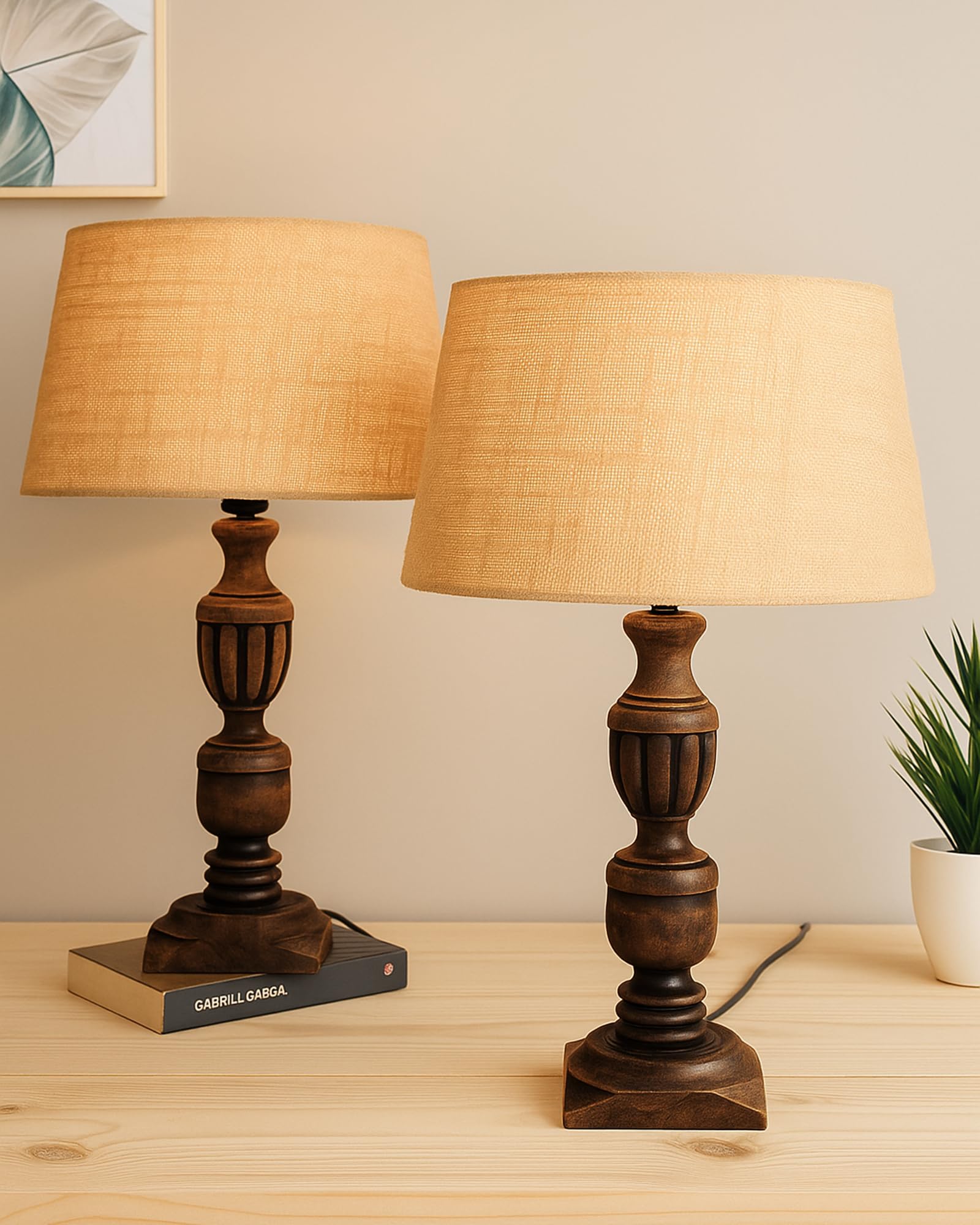 Homesake Wooden Table Lamps For Living Room | Bedside Lamp With Beige Fabric Shade | Antique Finish Night Lamp For Bedroom, Stud