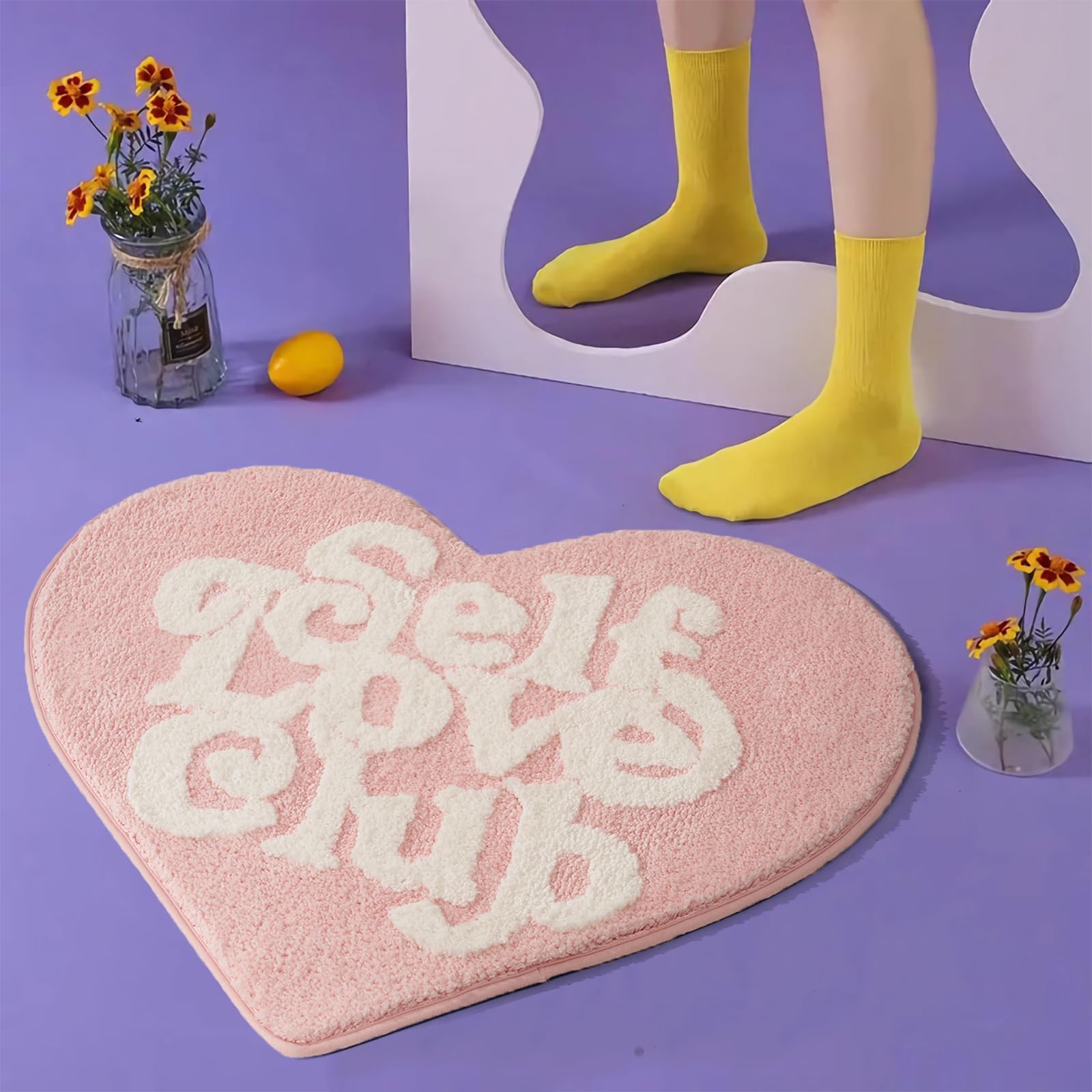 Eldone Self Love Club Rug Heart Shaped - Cute Bath Mat Non Slip, Funky Aesthetic Groovy Small Accent Rugs For Bedroom Bathroom,