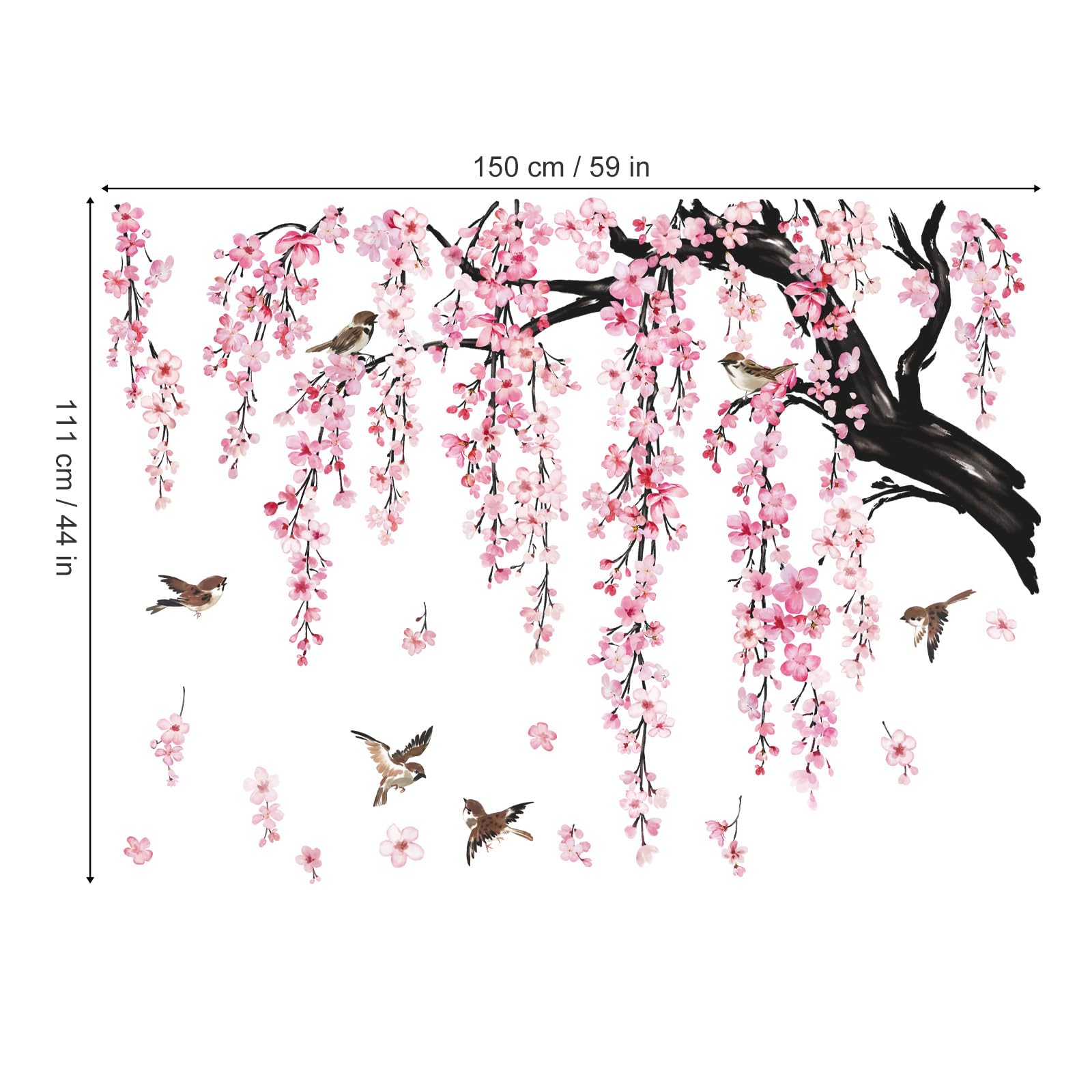 Wondever Large Flower Tree Branch Wall Stickers Pink Cherry Blossom Floral Birds Wall Art Decals For Living Room Bedroom Tv Wall