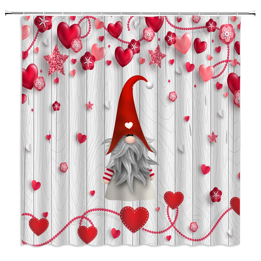 Amhnf Valentine'S Day Shower Curtain Red Pink Heart Cute Gnome Star Gray Vintage Barn Door Wooden Creative Lovely Love Sign For