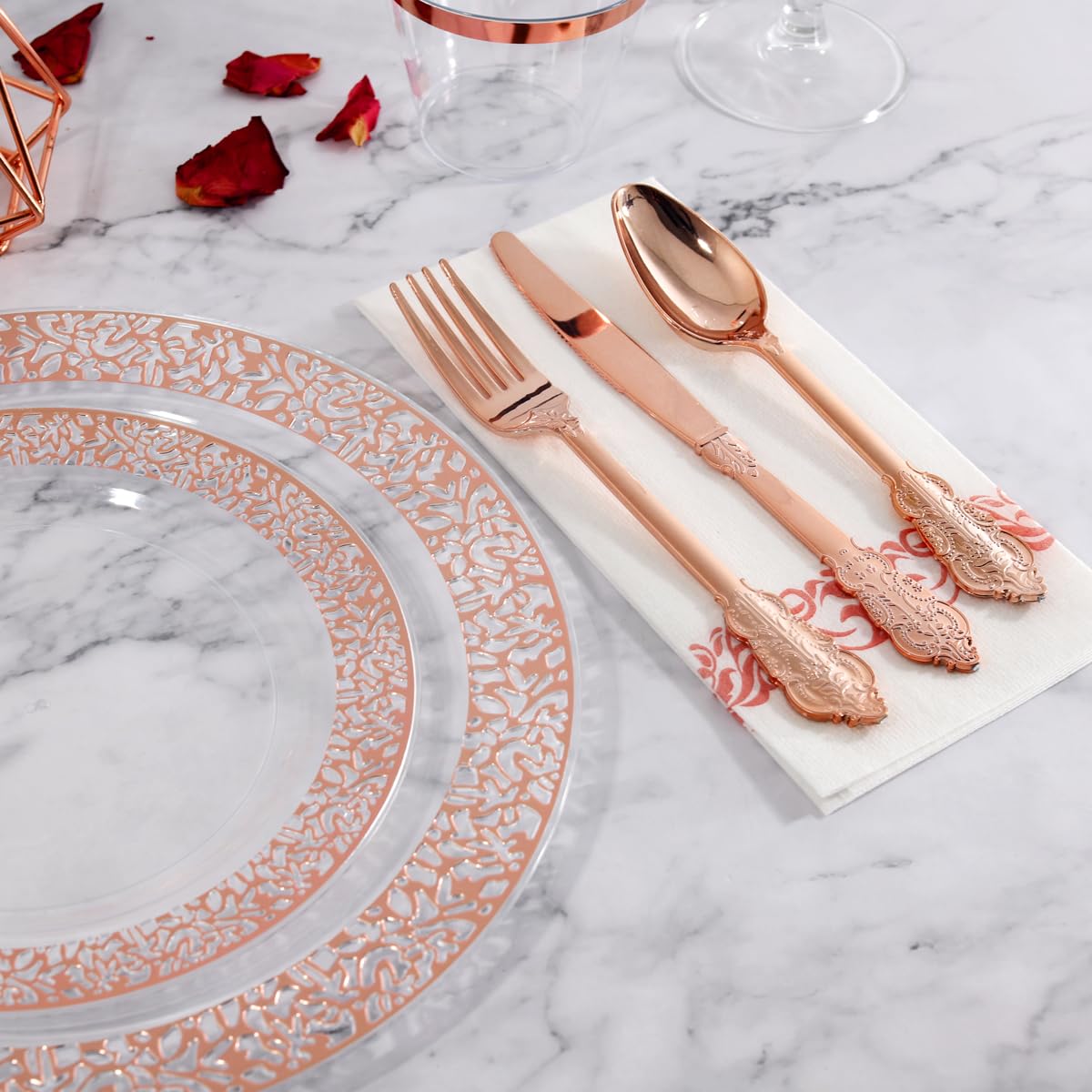 I00000 50 Guests Clear Rose Gold Plastic Plates - Disposable Valentine Plates Includes: 100 Clear Rose Gold Plastic Plates, 150