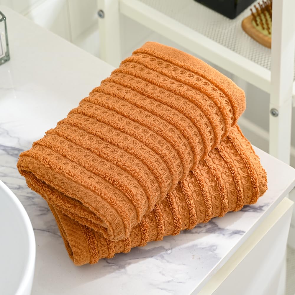 Sense Gnosis Waffle Hand Towel Striped Pattern Soft 100% Cotton Ultra Absorbent Hand Towels For Bathroom 13 X 29 Inch (Coral Ora