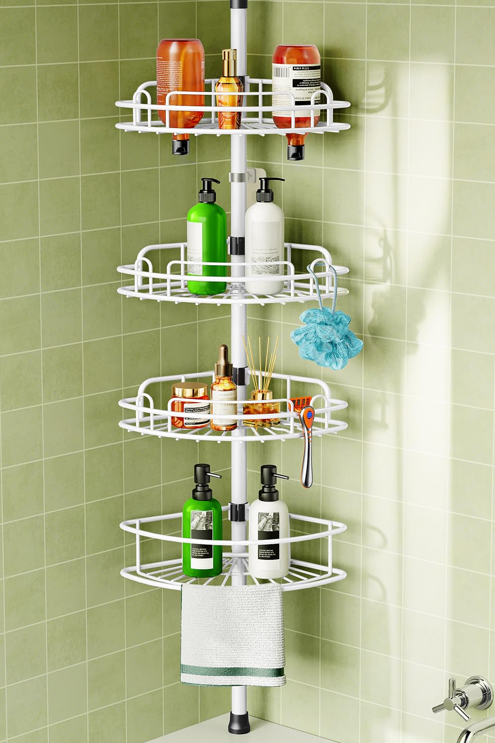 HAMITOR Corner Shower Caddy Tension Pole: Rustproof Bathroom Organizer Shelves for Bathtub Shampoo Accessories Storage Holder - 
