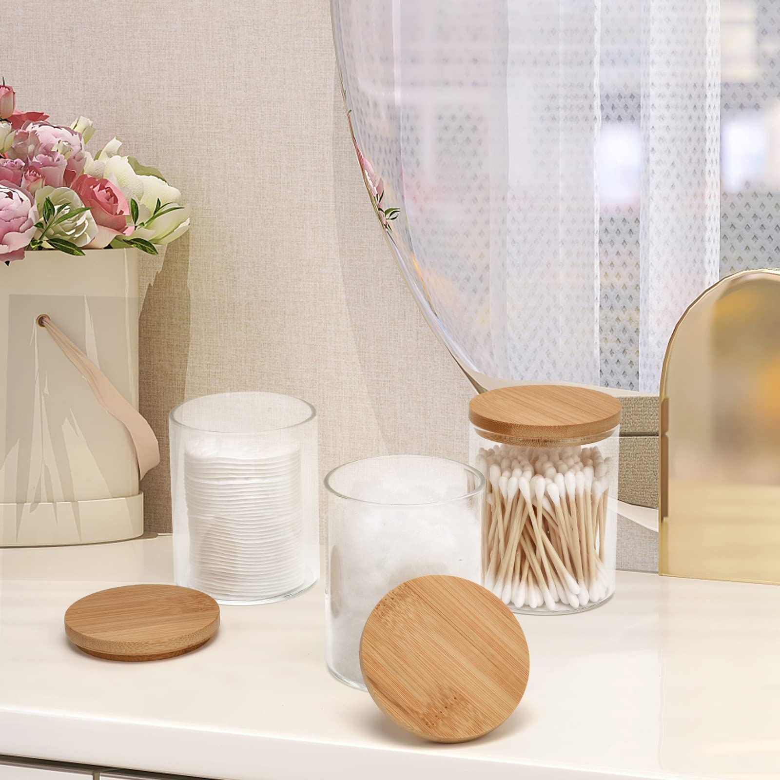 BKYFPQ 3 Pack Glass Qtip Holder Dispenser Bathroom Jars with Bamboo Lids  Cotton Ball Pad Round Swab Holder for Bathroom Accessories Storage Organizer Farmhouse Bathroom Decor  Boho Bathroom Decor.