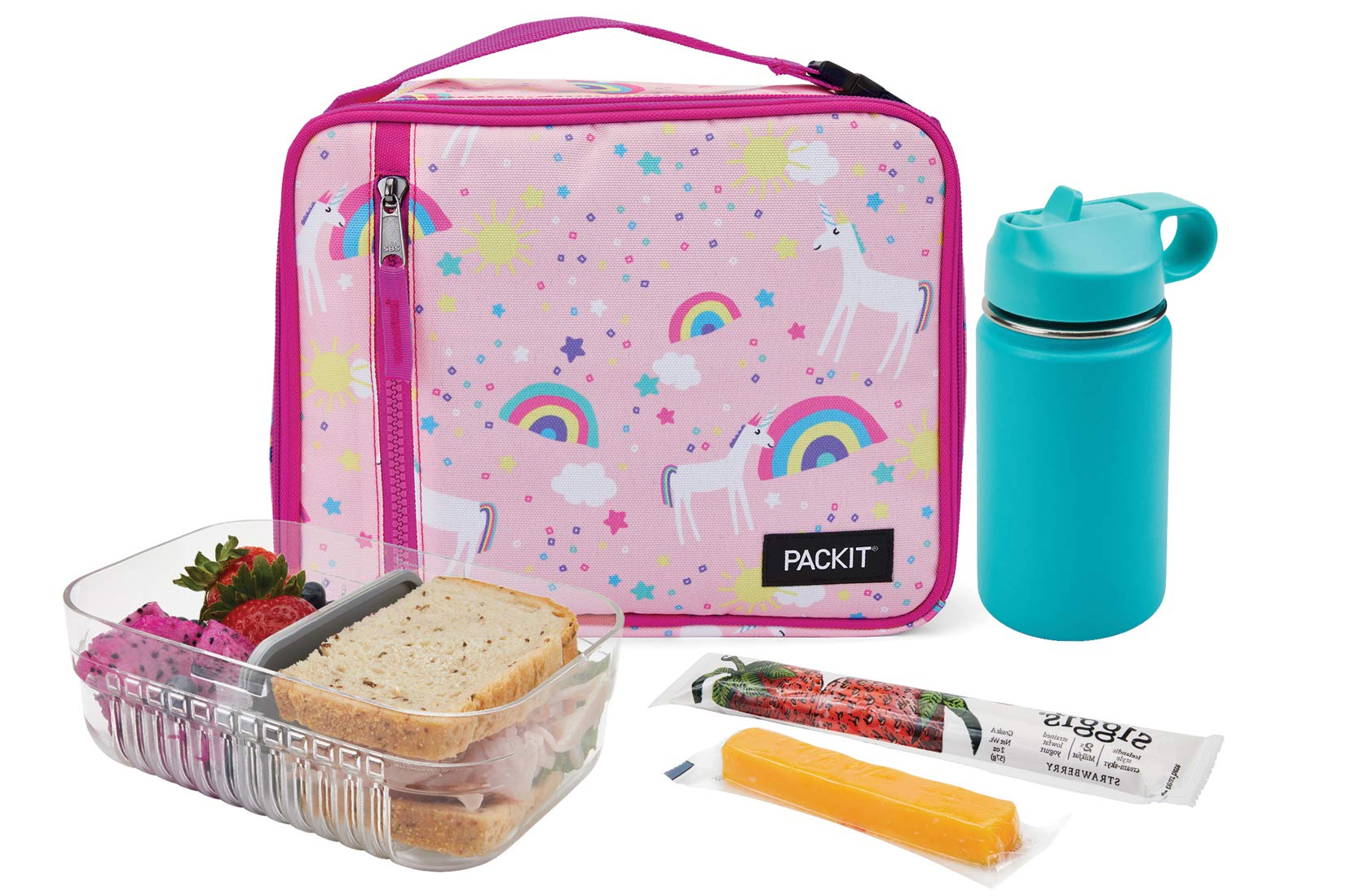 Packit Freezable Classic Lunch Box, Unicorn Sky Pink, Built With Ecofreeze Technology, Collapsible, Reusable, Zip Closure With Z