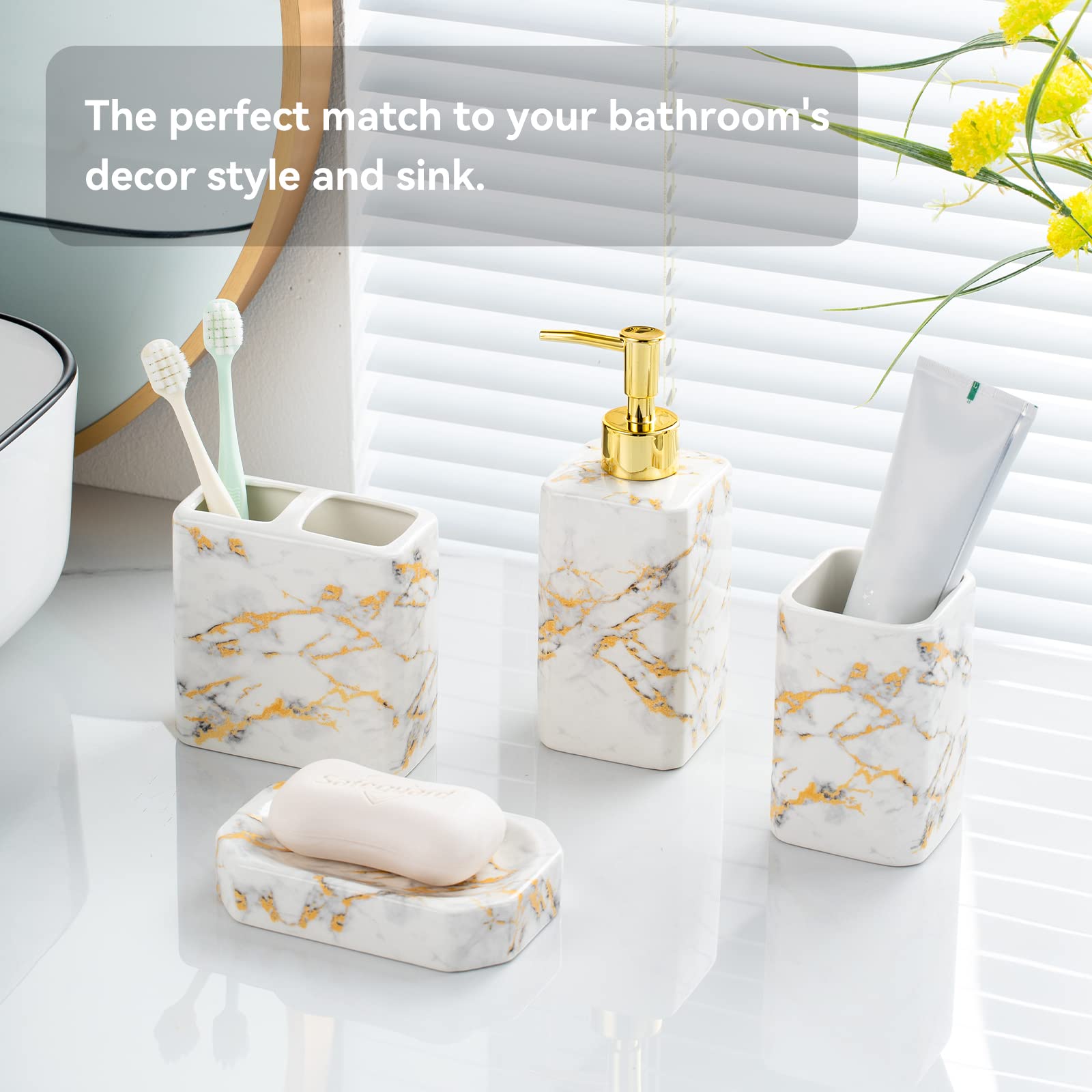 4 Piece Bathroom Accessories Set - White Bathroom Accessory Sets Includes Lotion Dispenser, Toothbrush Holder Tumbler, And Soap