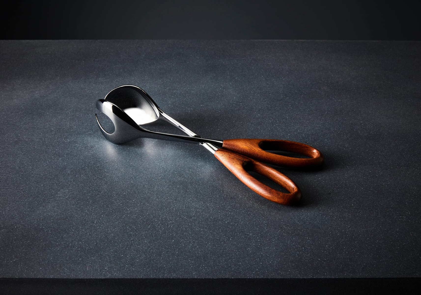 Nambe Curvo Salad Scissors - 13" Stainless Steel & Acacia Wood Tongs, Silver, Model MT0796