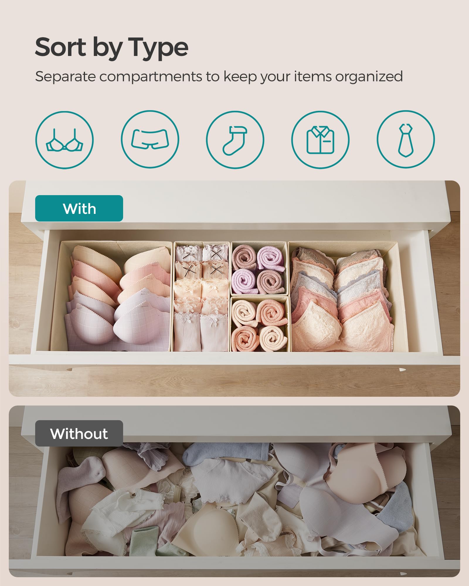 SONGMICS Drawer Organizer, Dresser Drawer Organizers, Set of 6, Foldable Fabric Storage Bins for Socks, Underwear, Bras, Ties, S