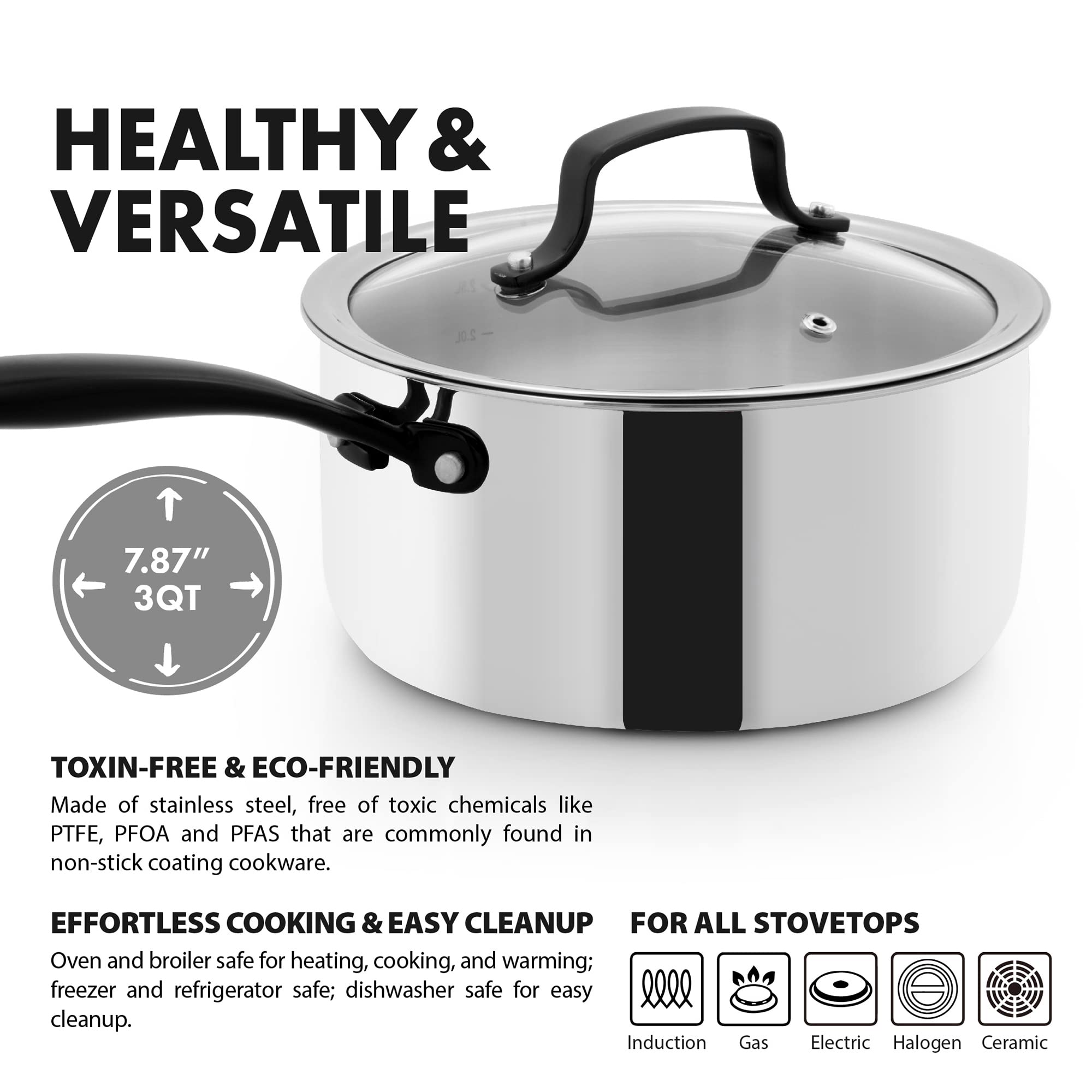 Grandties Full-Clad Tri-Ply Stainless Steel Sauce Pan Induction Cookware - 3 Qt Stainless Steel Pot, Marquina Black Metal Handle