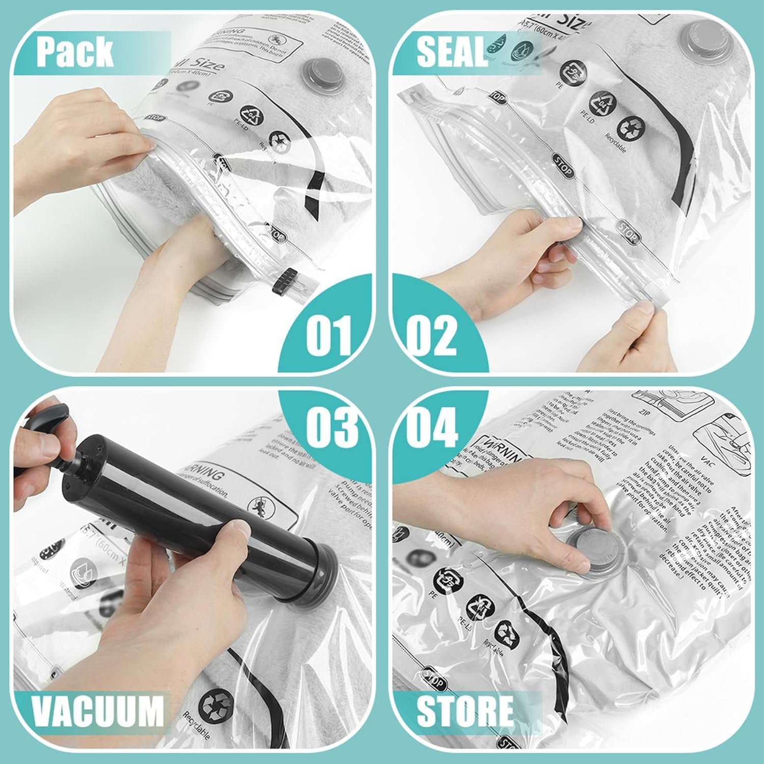 Vacuum Seal Bags For Clothing - Vacuum Storage Bags With Hand Pump, Space Saver Organisers For Travel Luggage Clothes Blankets C