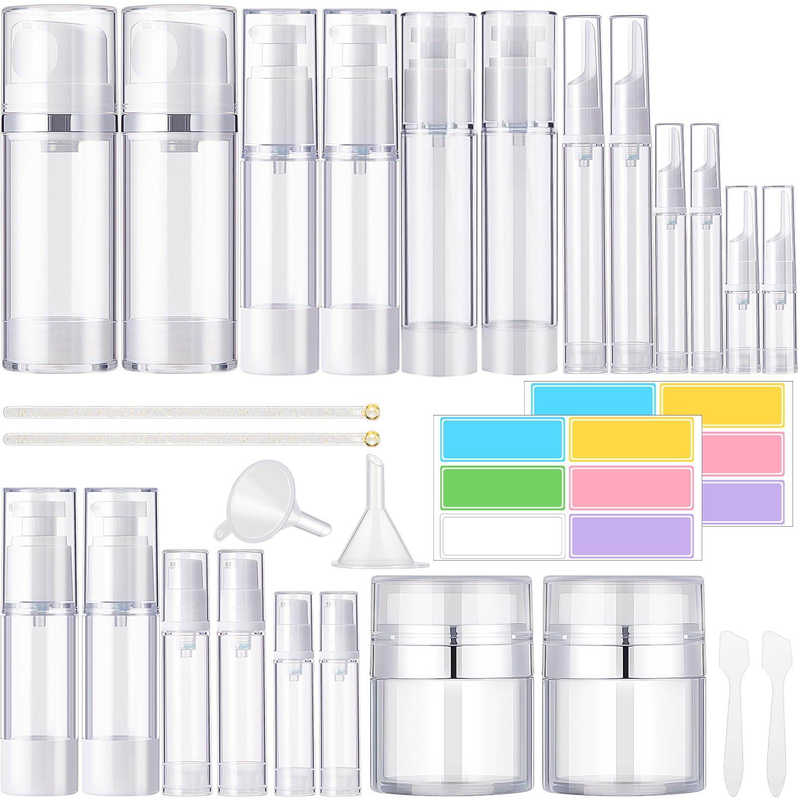 Meanplan 32 Pack Airless Pump Jars Set 3.4/1.7/1/0.34oz Refillable Travel Cosmetic Container Mini Leak Proof Atomizer Spray Bott