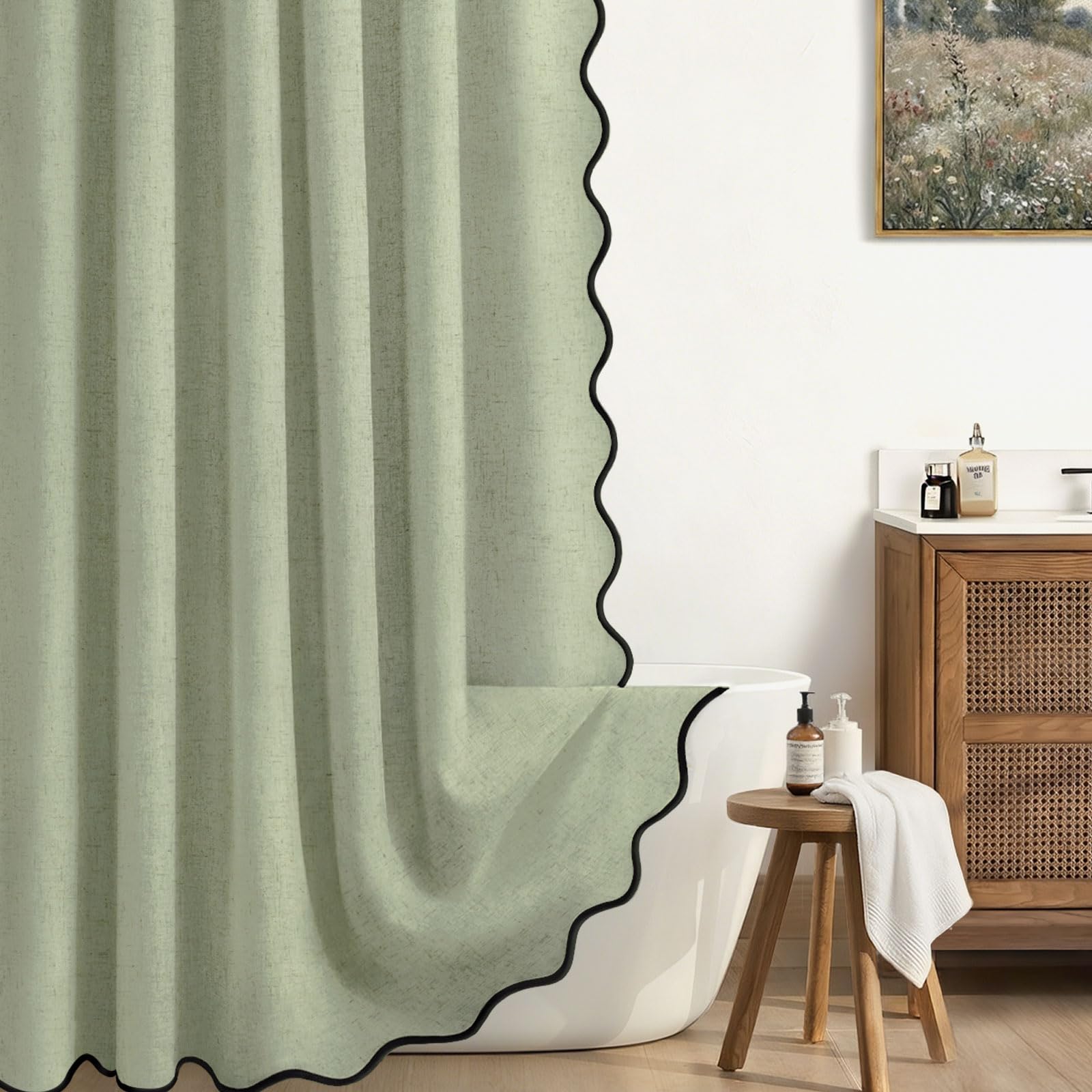 XOGUIBO Linen Shower Curtain Flax Green Cute Black Scalloped Boho Modern Shower Curtains for Bathroom Set, 72 W x 84 L