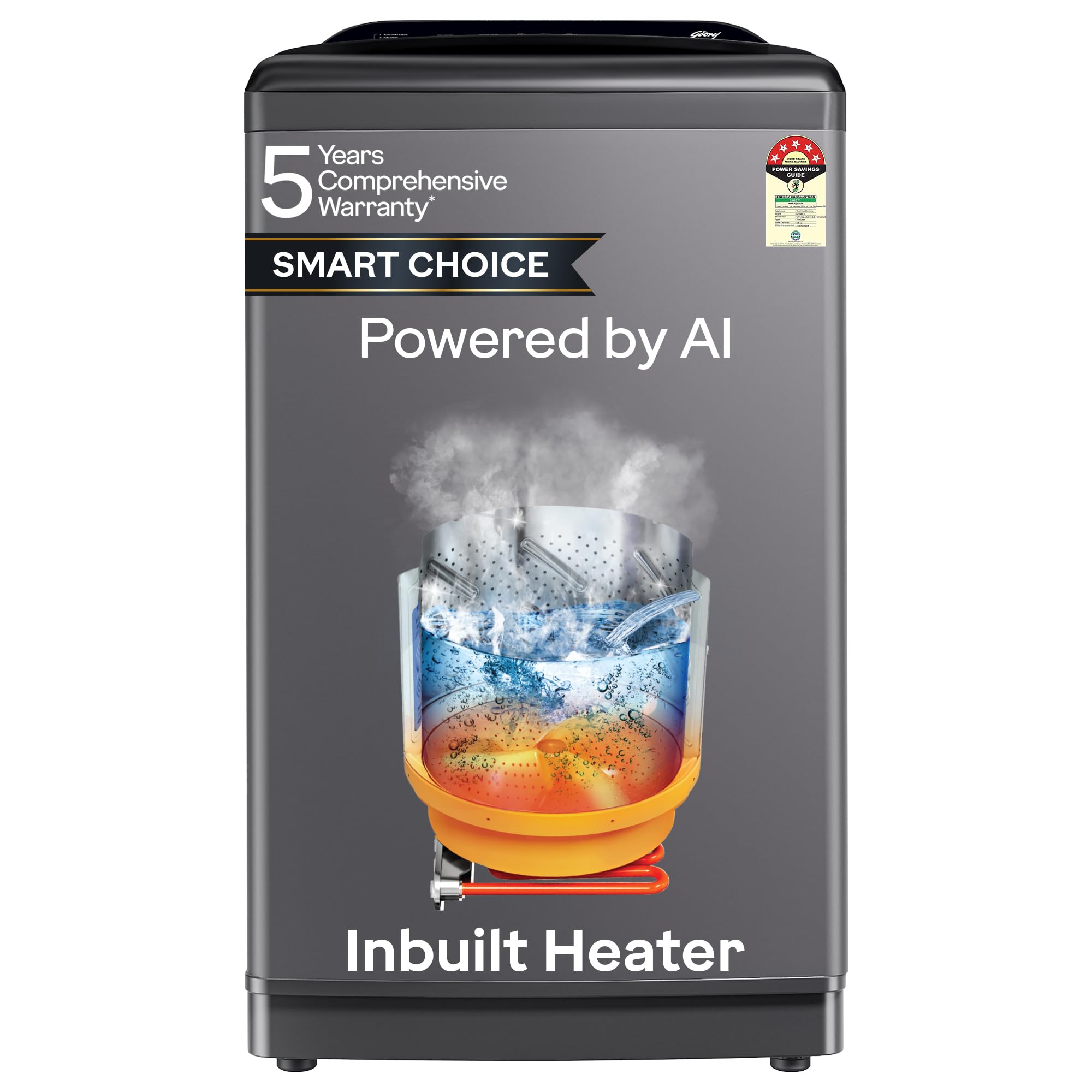 Godrej Smart Choice 10 Kg 5 Star, Ai Tech, Inbuilt Heater, Fills Tub At ~0 Water Pressure, Steel Drum Fully Automatic Top Load W