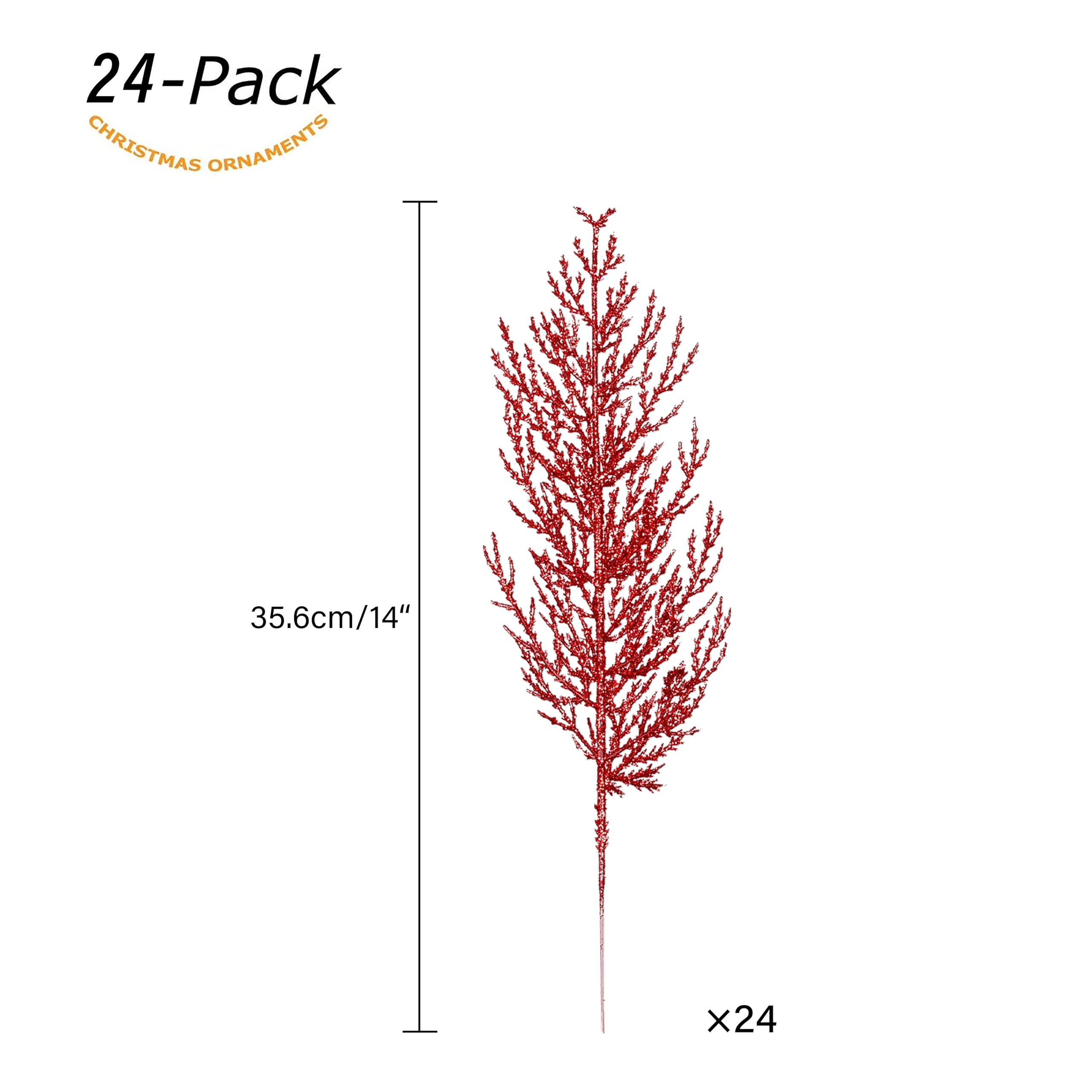 Christmas Glitter Twigs 24pcs Artificial Pine Tree Picks for Christmas Tree Ornaments fillers, DIY Xmas Wreath, Crafts, Garland,