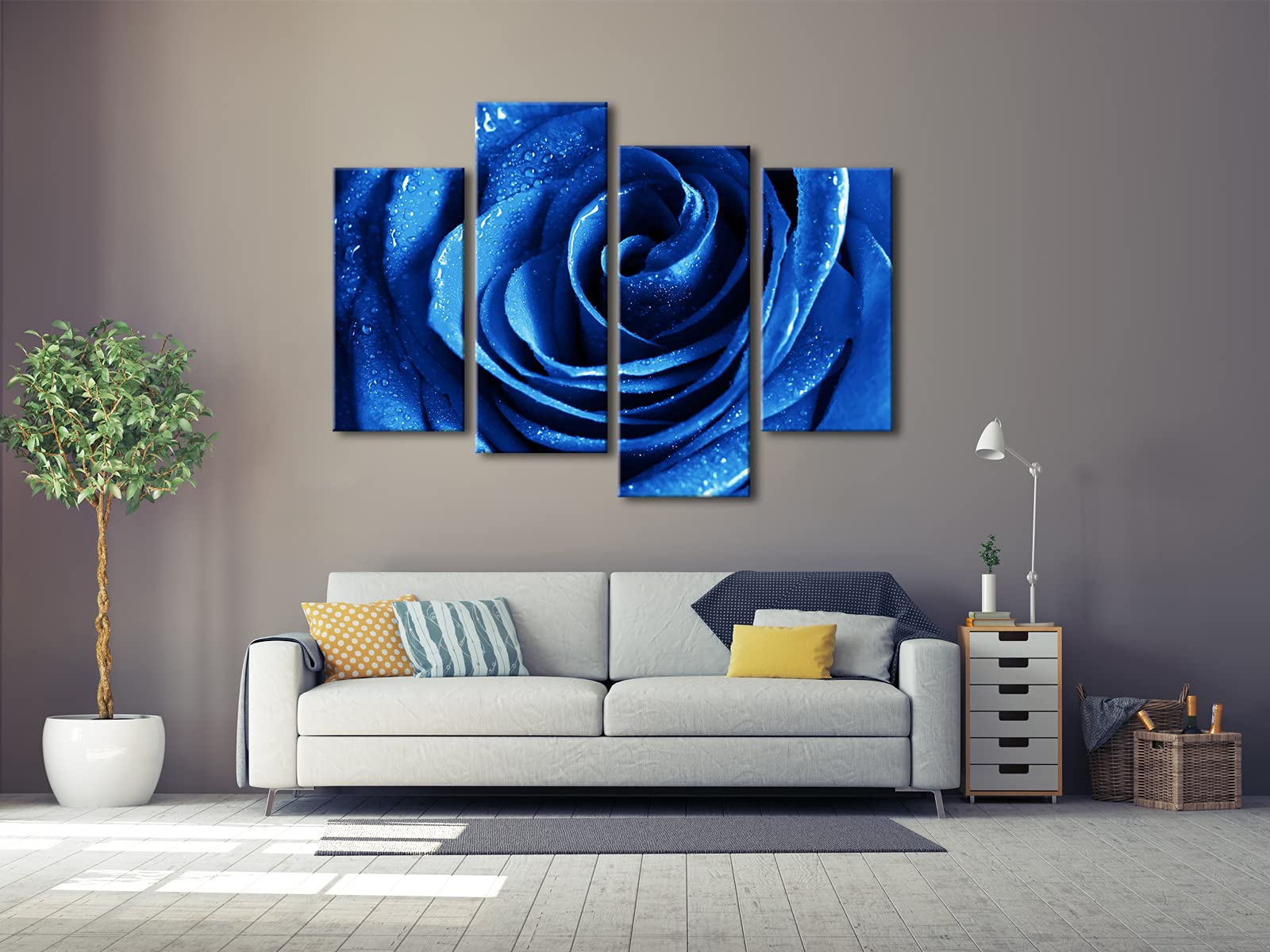 Wieco Art Blue Rose With Dew Canvas Wall Art Abstract Romantic Flower Pictures Paintings Wall Art For Living Room Bedroom Decora