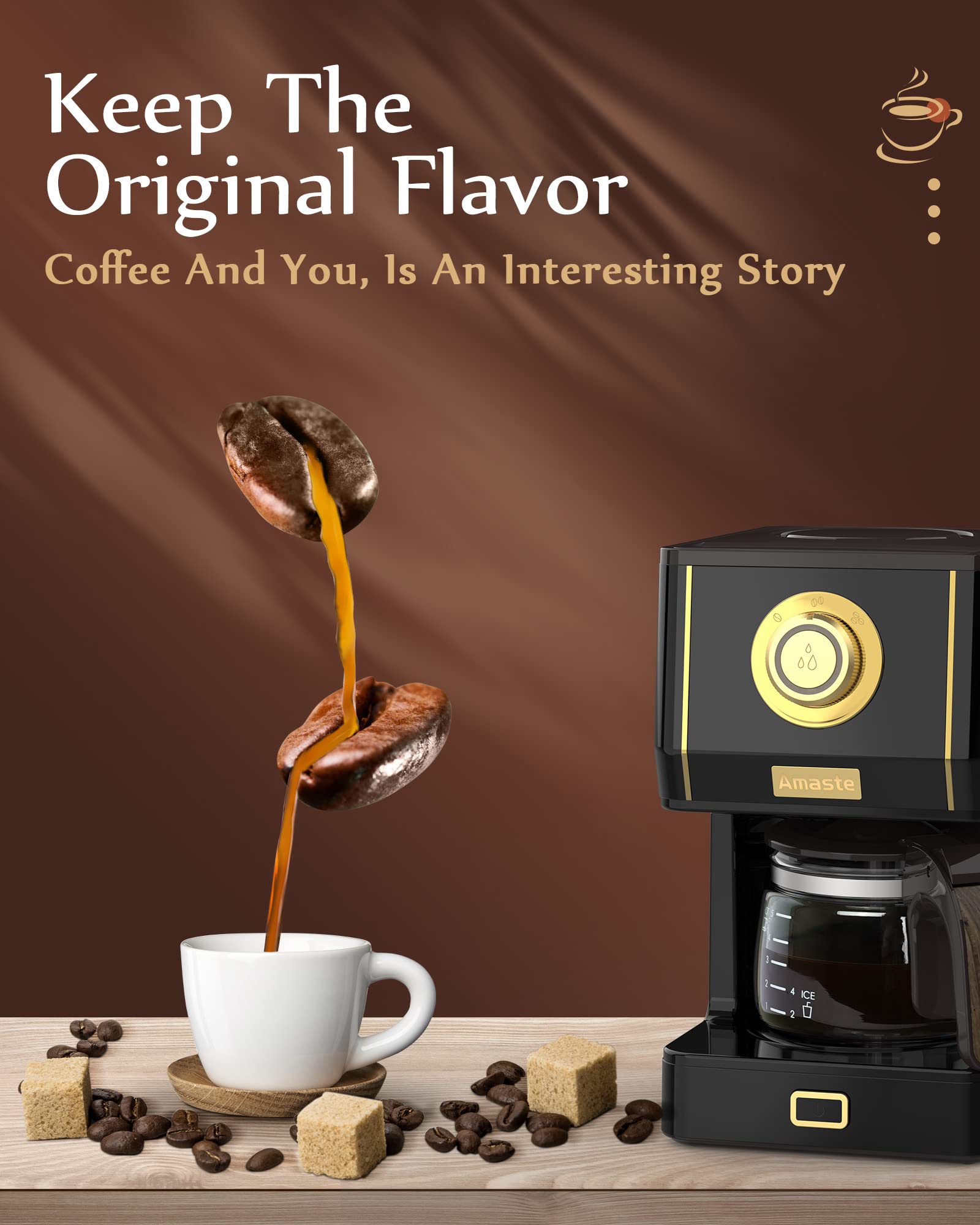 Amaste Coffee Maker, 25 Oz Drip Retro Style Coffee Machine With Glass Coffee Pot With Reusable Coffee Filter & Three Brewing Mod