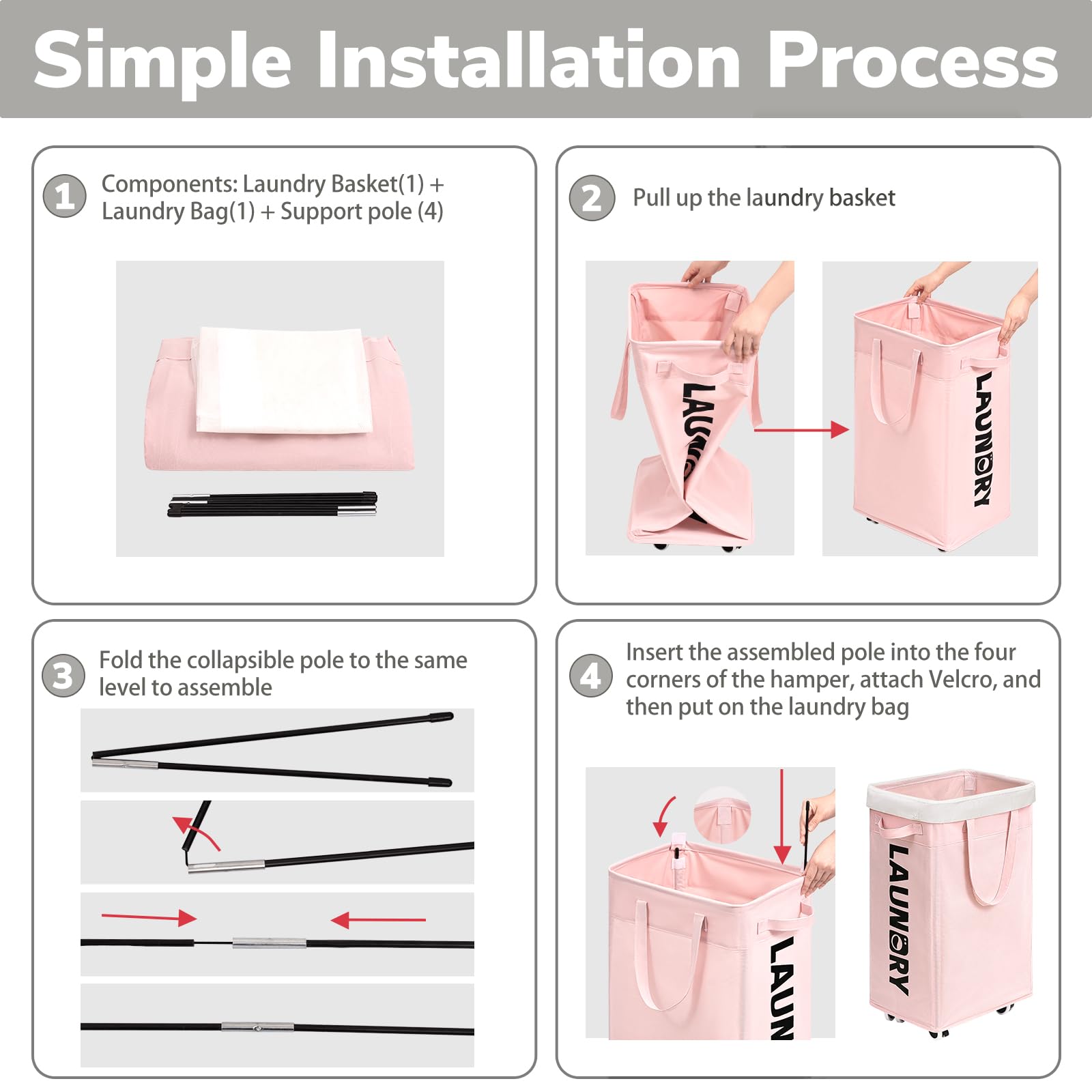 Chicvita Laundry Hamper With Wheels 2-Pack, 75L Collapsible Laundry Basket With Removable Wash Bags, Pink Laundry Hamper For Cor