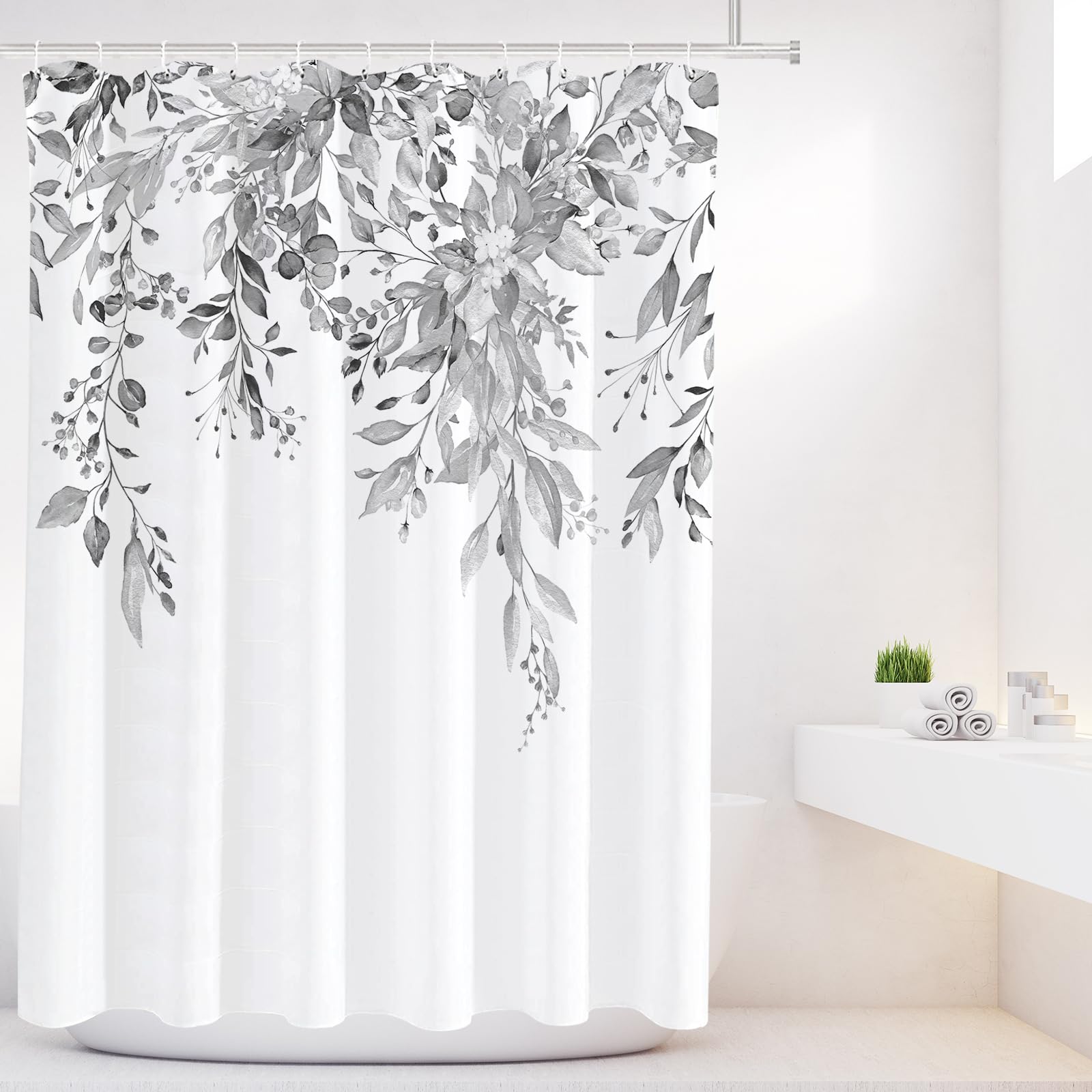 Tititex Light Grey Eucalyptus Shower Curtain Sets, Bright Watercolor Gray Leaves On The Top Plant With Floral Bathroom Decoratio