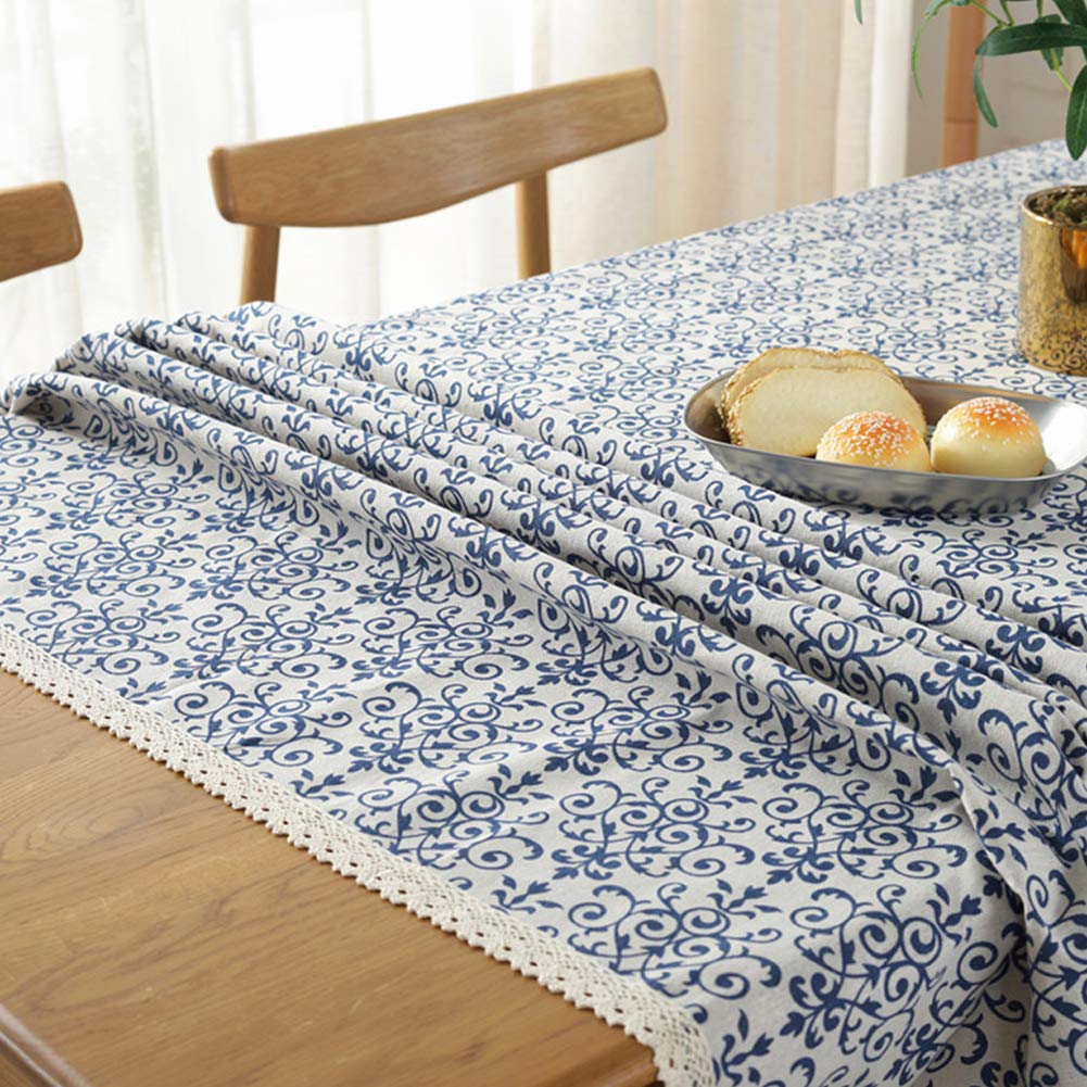 Amzali Vintage Washable Cotton Linen Fabric Navy Damask Pattern Macrame Square Tablecloth Dinner Picnic Table Cloth Home Decorat
