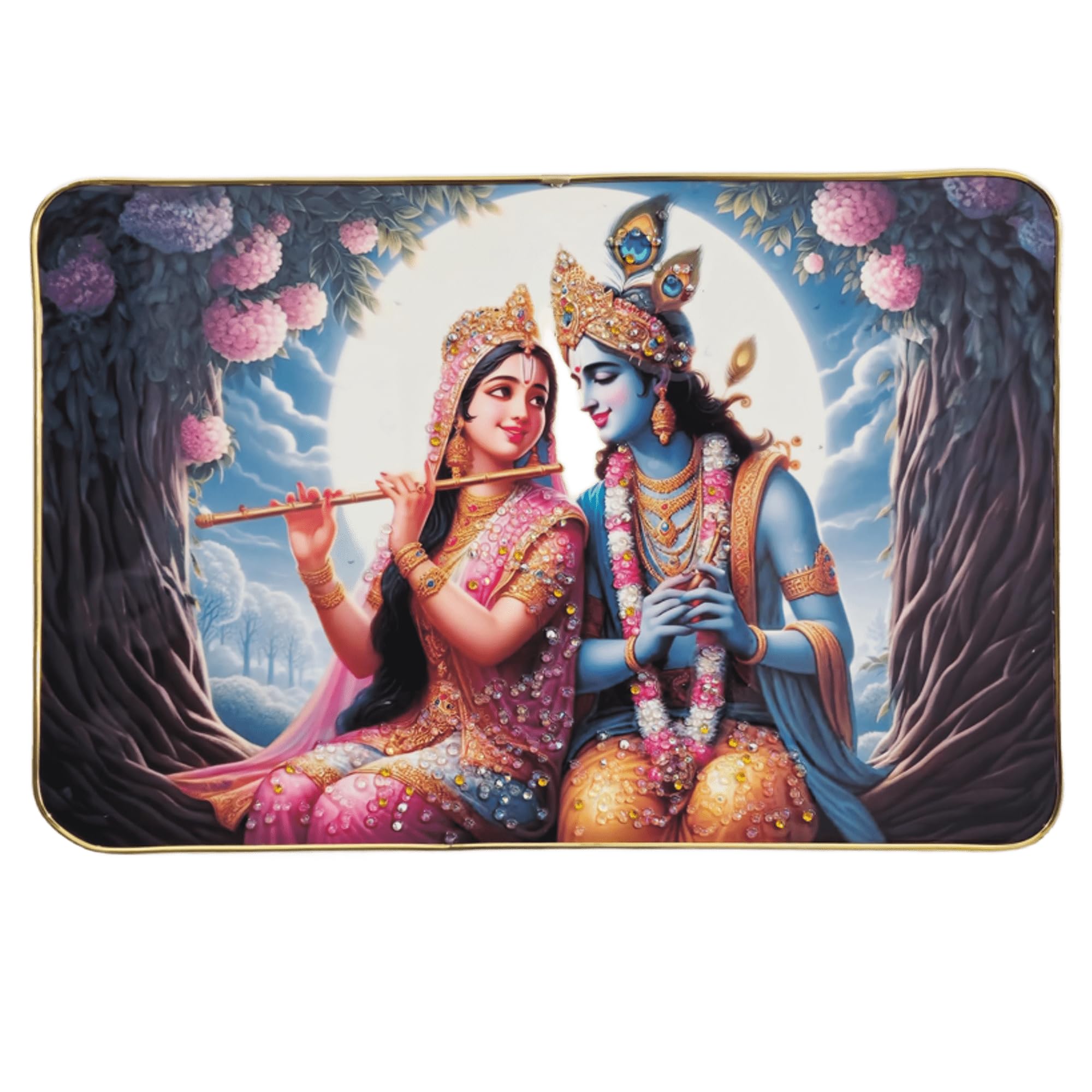 Masstone Radha Krishna Wall Painting  Crystal Embedded, High Gloss, Gold Slim Frame, 45X30Cm Wall Art For Living Room, Bedroom,