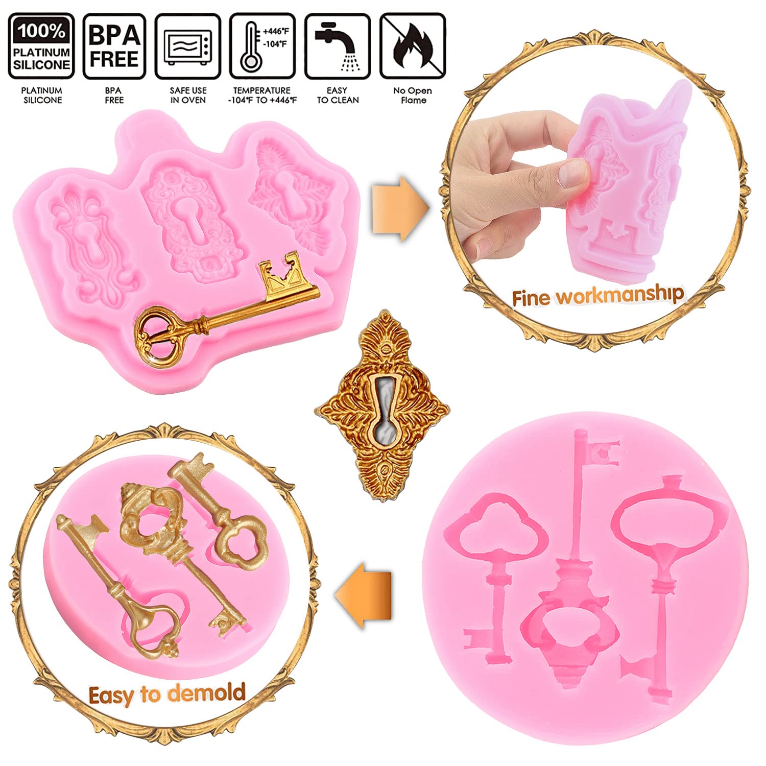 Zixiang Vintage Key Fondant Molds Lock Keyhole Silicone Chocolate Mold For Cake Cupcake Decorating Candy Sugarcraft Gum Paste Po