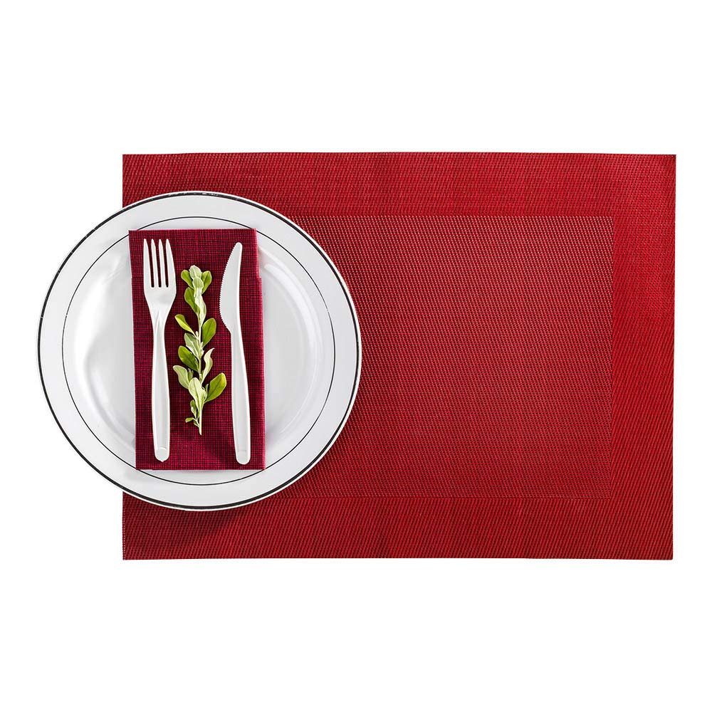 Restaurantware Geneva 16 Inch X 12 Inch Vinyl Table Mats 6 Heat Resistant Dinner Placemats - Stain Resistant Washable Red Vinyl