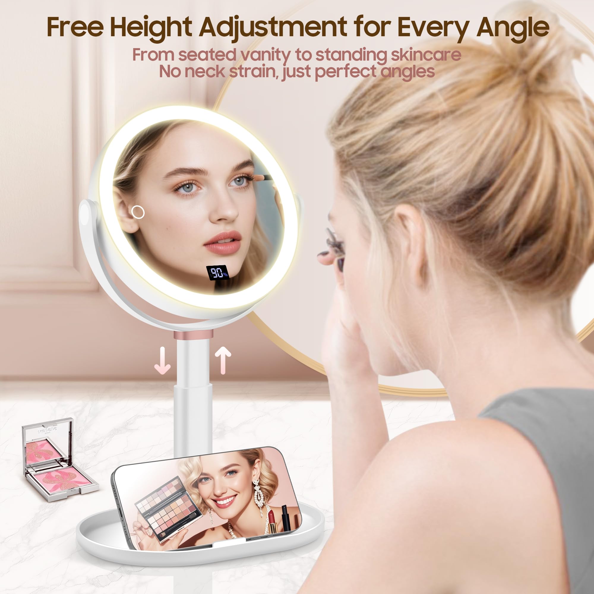 GOMIPURU Makeup Magnifying Mirror with Light 30X/1X, Digital Display, 2-Sided Touch Control, Makeup Mirror with 3 Color Lights,3