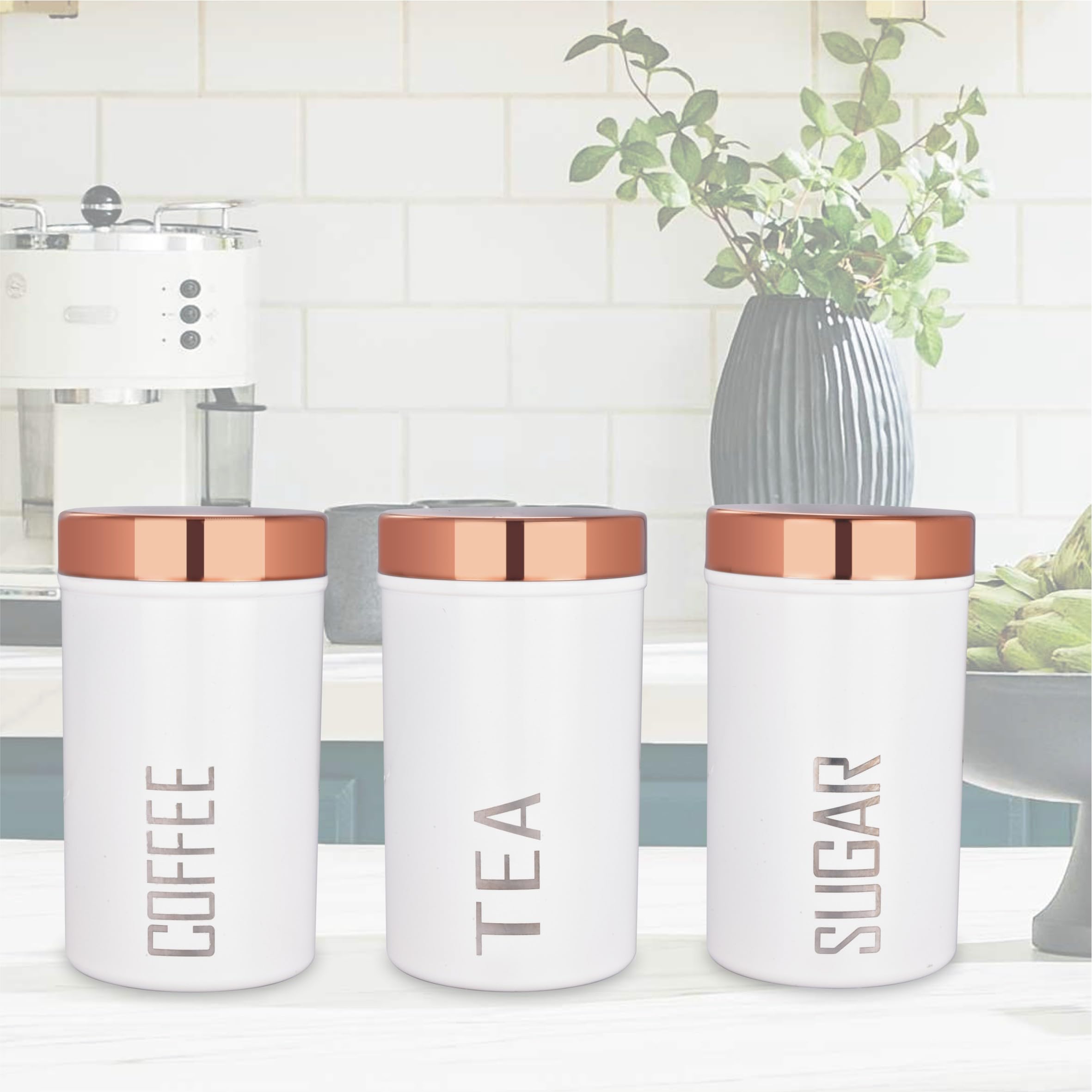 Daraz Kitchen Canister Set With Lids, 3 Piece Food Storage Container Organizer, Tea, Coffee And Sugar Containers, White Copper