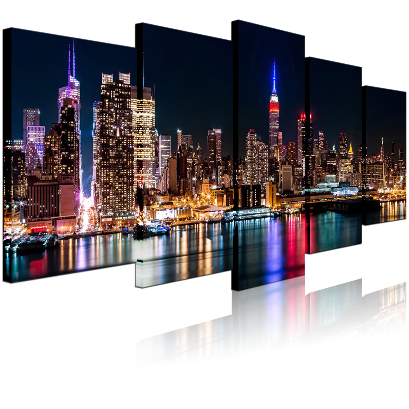 Biuteawal - New York City Canvas Wall Art Manhattan Skyline At Night Picture Prints Modern Home Office Wall Decoration Stretched