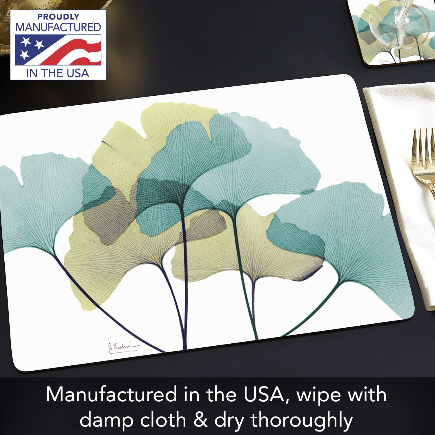 Cala Home Gingko Decorative Hardboard Cork Back Tabletop Placemats 4 Pack Manufactured In The Usa Heat Tolerant And Easily Wipes